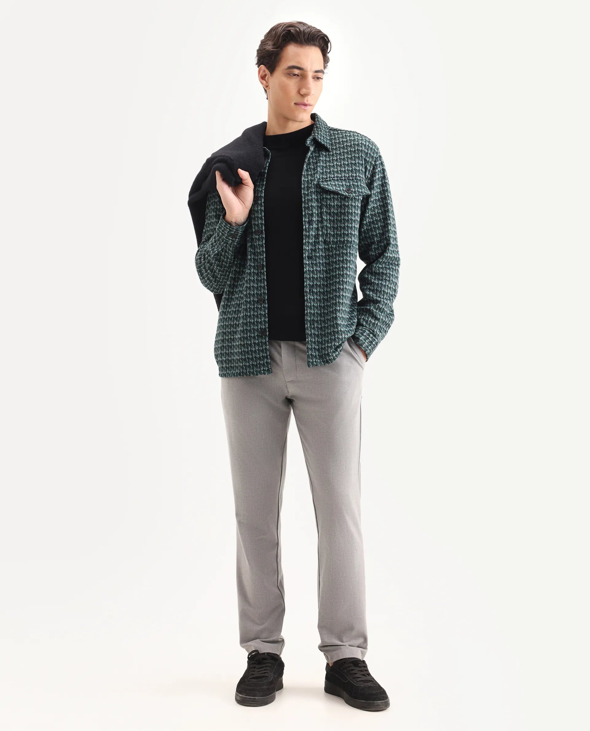 Rare Rabbit Men's Rodez Green Cotton Checked Print Relaxed Fit Full Sleeve Collared Shacket