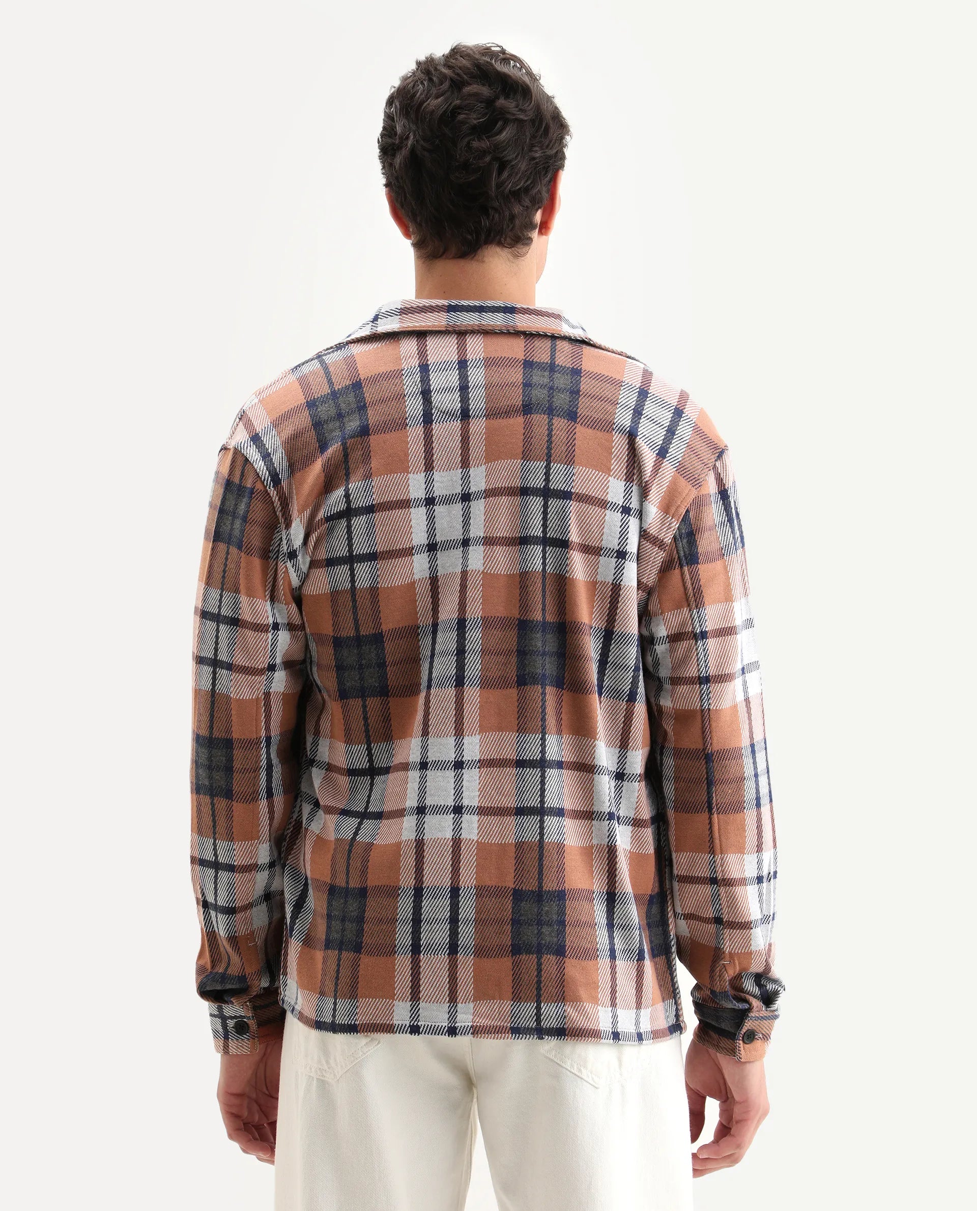 Rare Rabbit Men's Bello Rust Cotton Checked Print Relaxed Fit Full Sleeve Collared Shacket