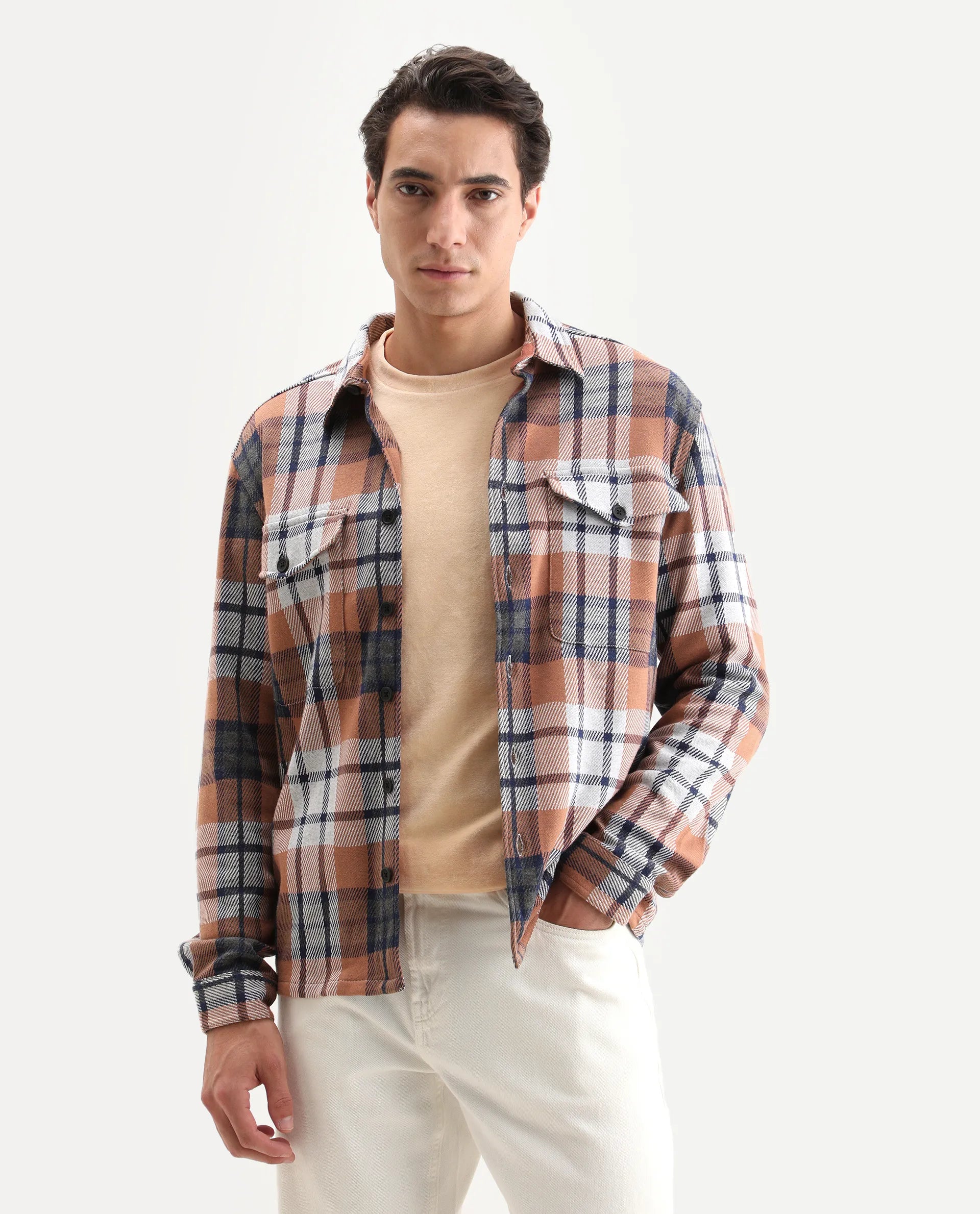 Rare Rabbit Men's Bello Rust Cotton Checked Print Relaxed Fit Full Sleeve Collared Shacket