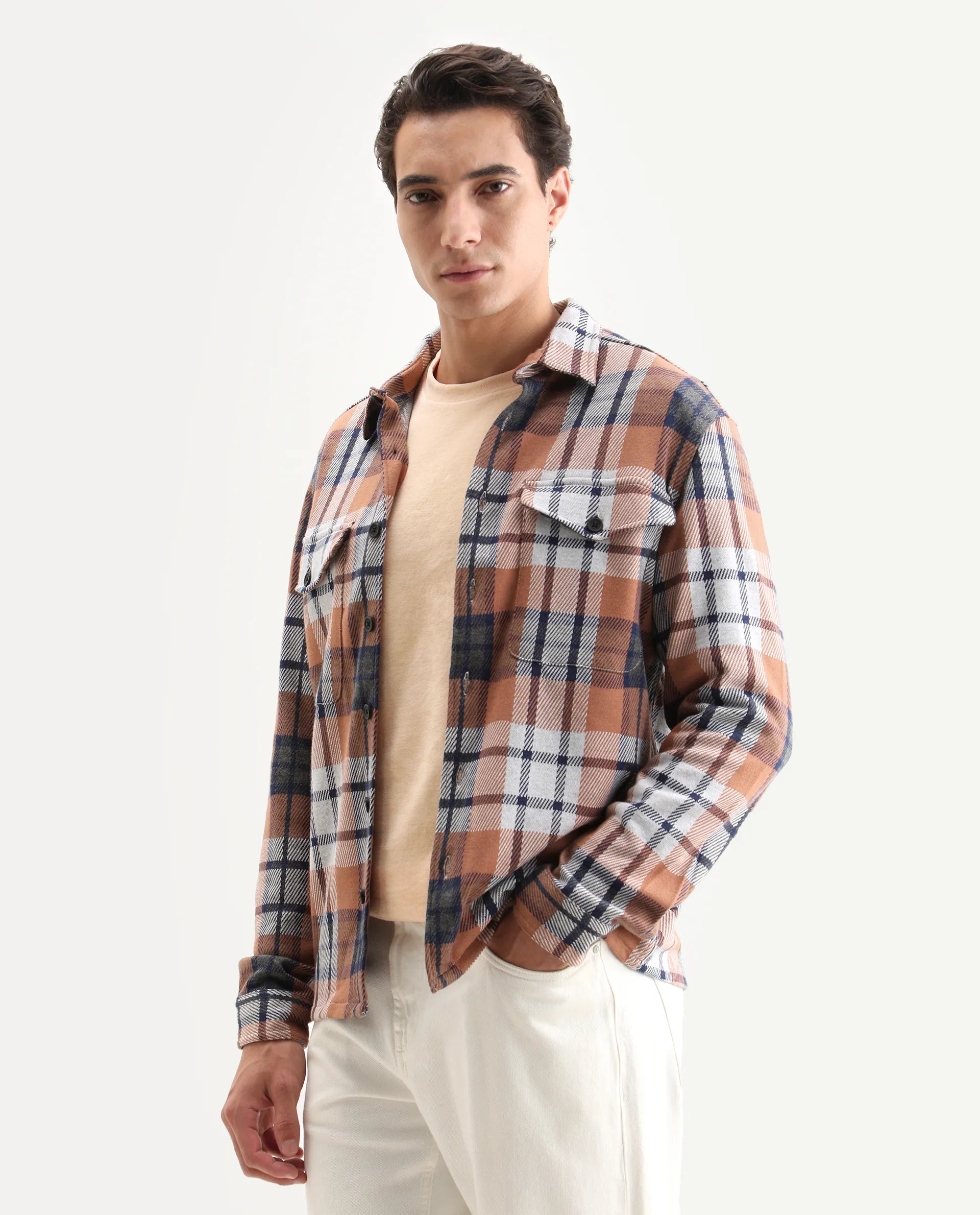 Rare Rabbit Men's Bello Rust Cotton Checked Print Relaxed Fit Full Sleeve Collared Shacket