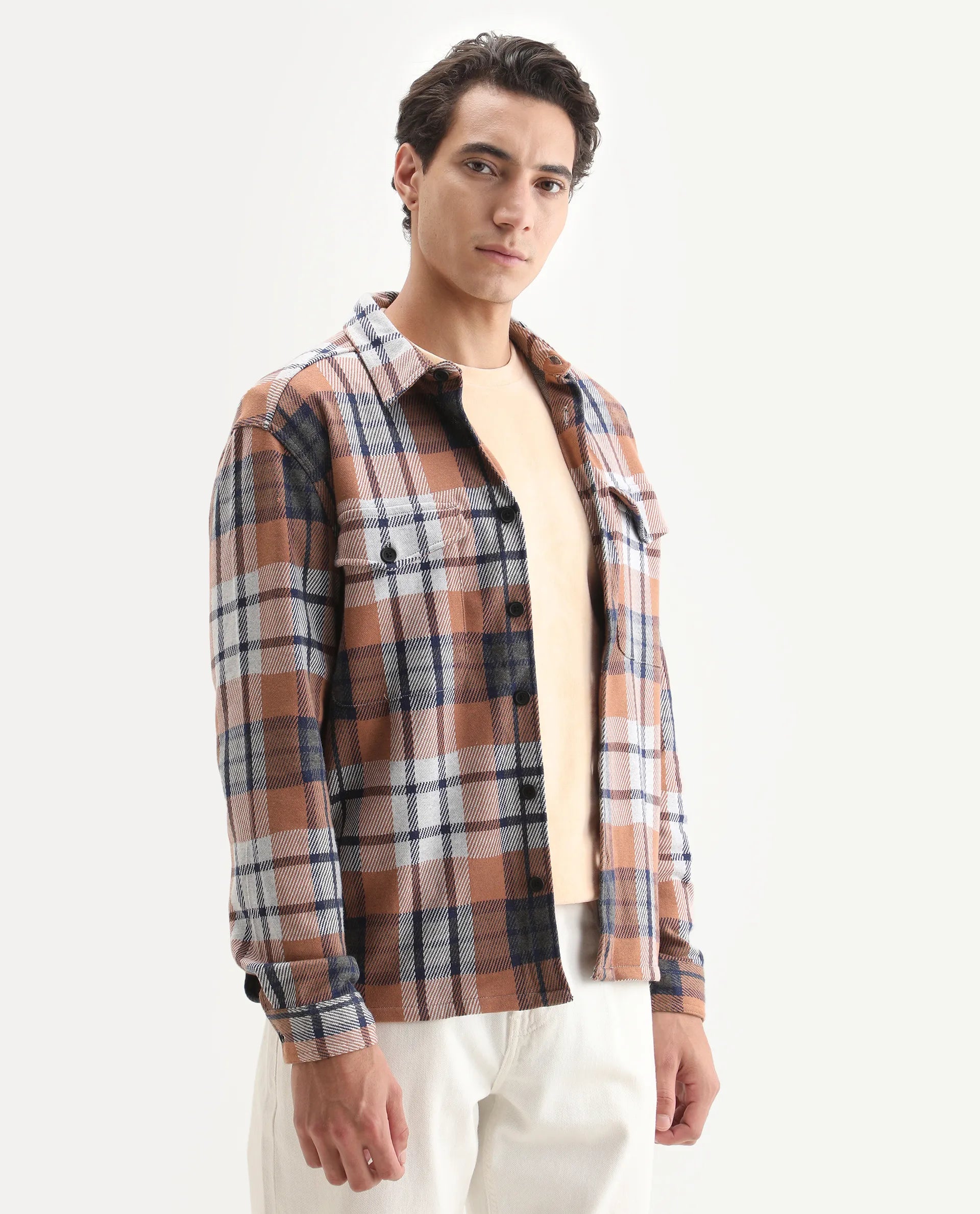 Rare Rabbit Men's Bello Rust Cotton Checked Print Relaxed Fit Full Sleeve Collared Shacket