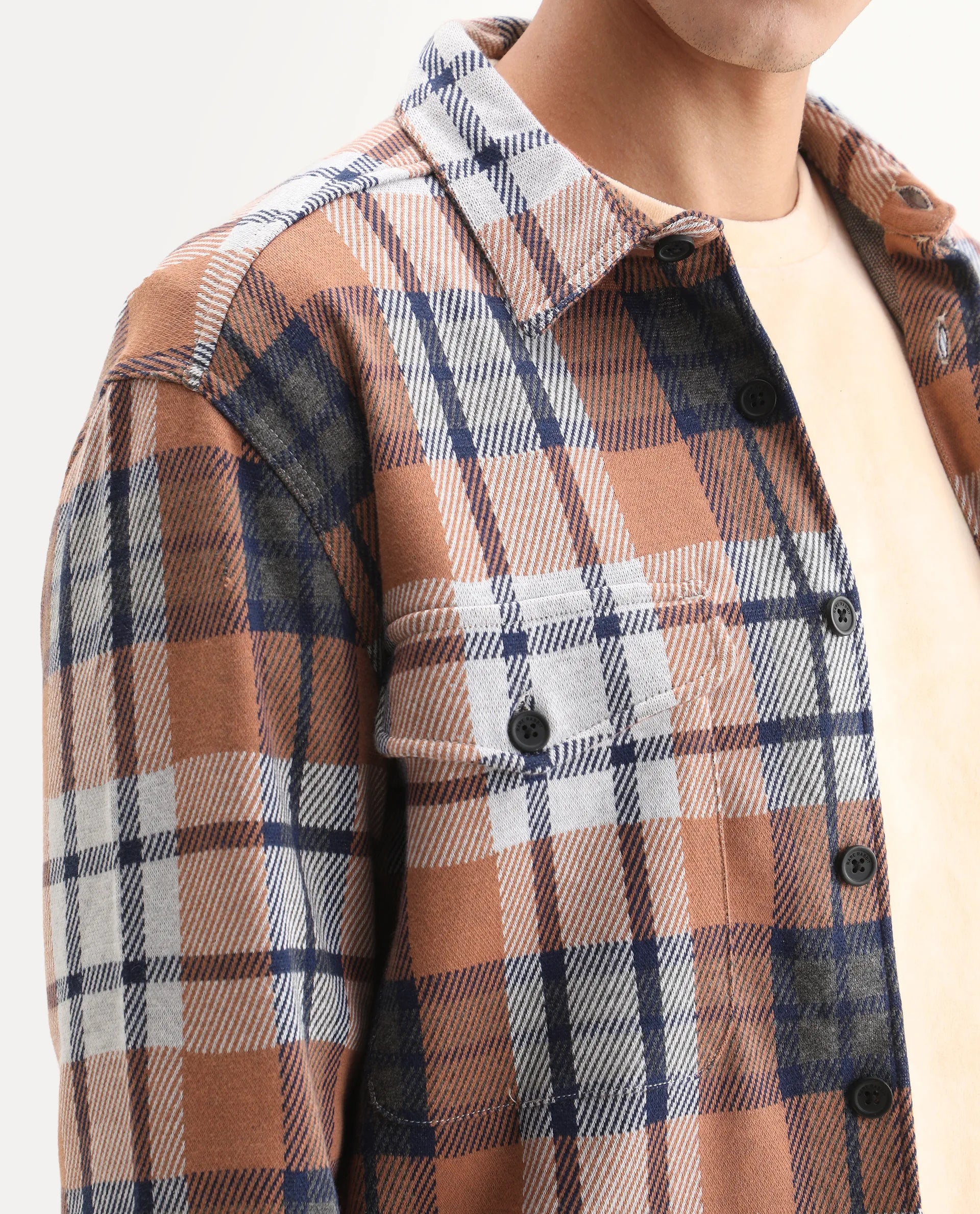 Rare Rabbit Men's Bello Rust Cotton Checked Print Relaxed Fit Full Sleeve Collared Shacket