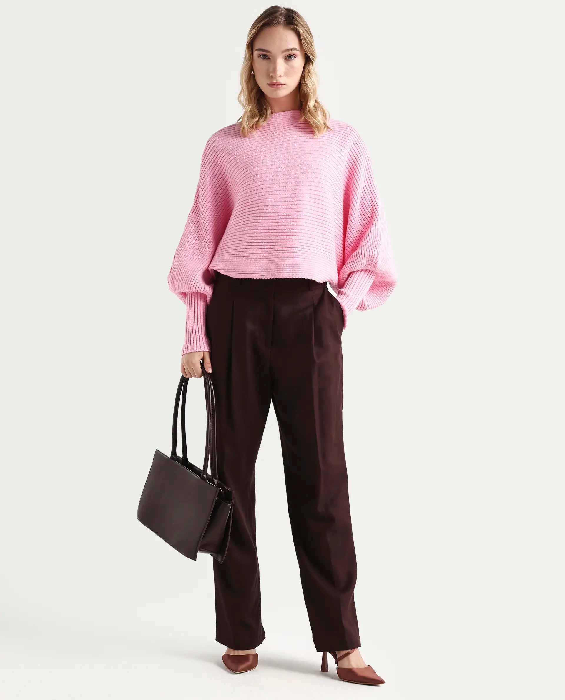 Rareism Women's Blaire Light Pink Viscose Blend Crew Neck Plain Bishop Sleeve Crop Relaxed Fit Sweater