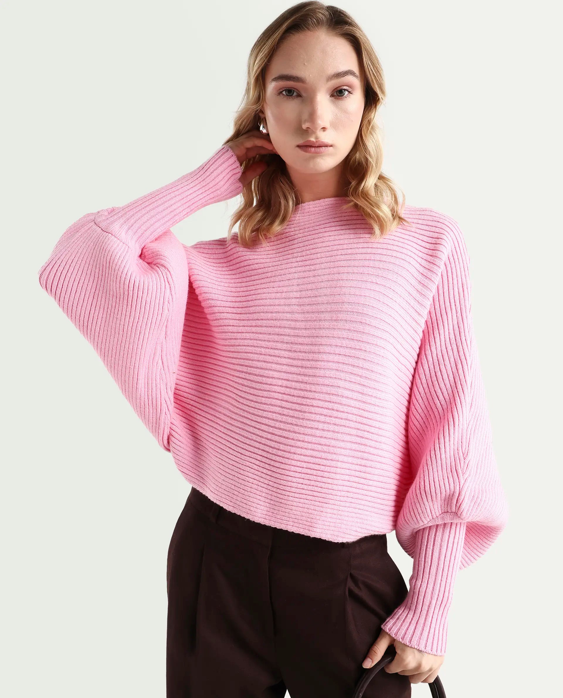 Rareism Women's Blaire Light Pink Viscose Blend Crew Neck Plain Bishop Sleeve Crop Relaxed Fit Sweater