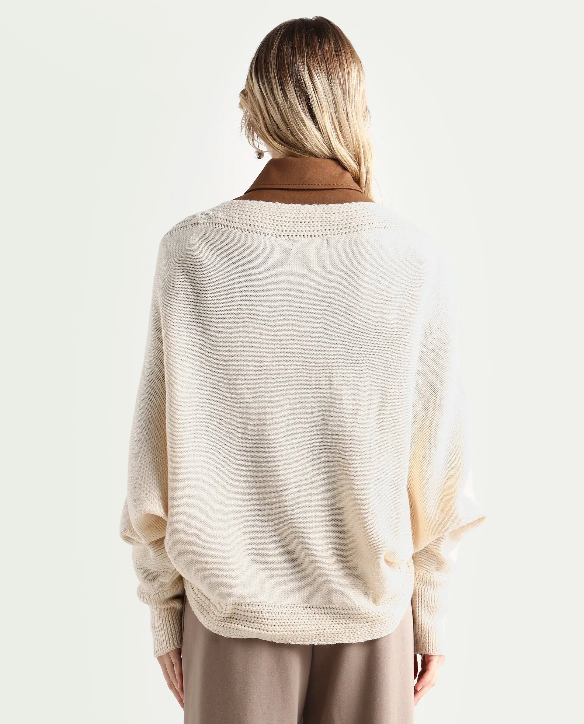Rareism Women's Henares Off White Acrylic V-Neck Plain Relaxed Fit Sweater