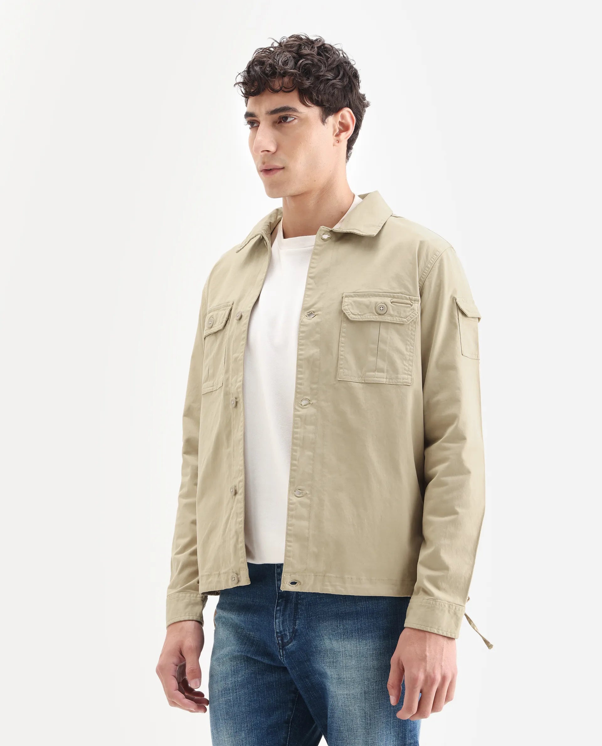 Rare Rabbit Men's Cedro Beige Cotton Plain Regular Fit Full Sleeve Spread Collar Jacket