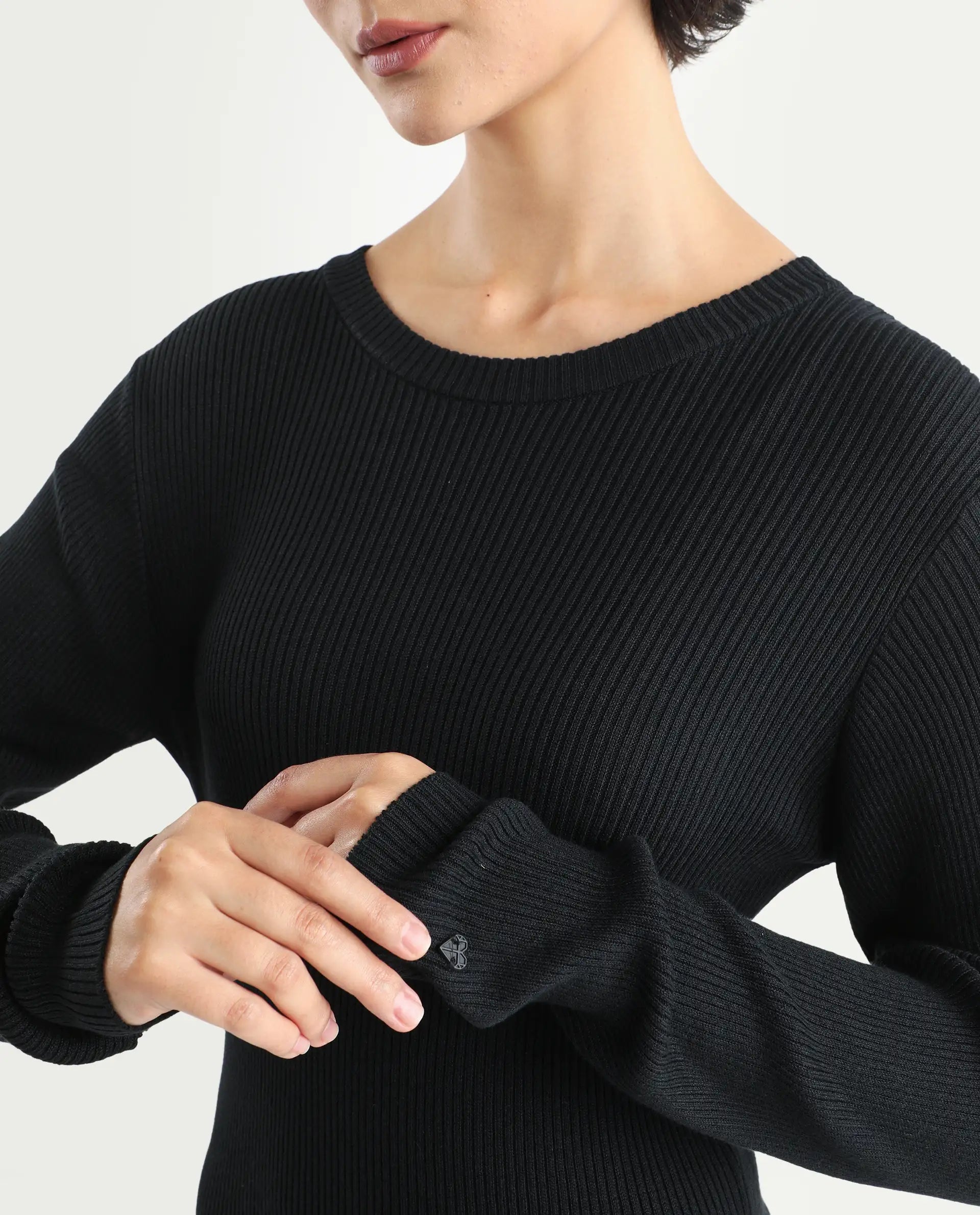 Rareism Women's Franccois Black Viscose Boat Neck Plain Knee Length Regular Fit Sweater