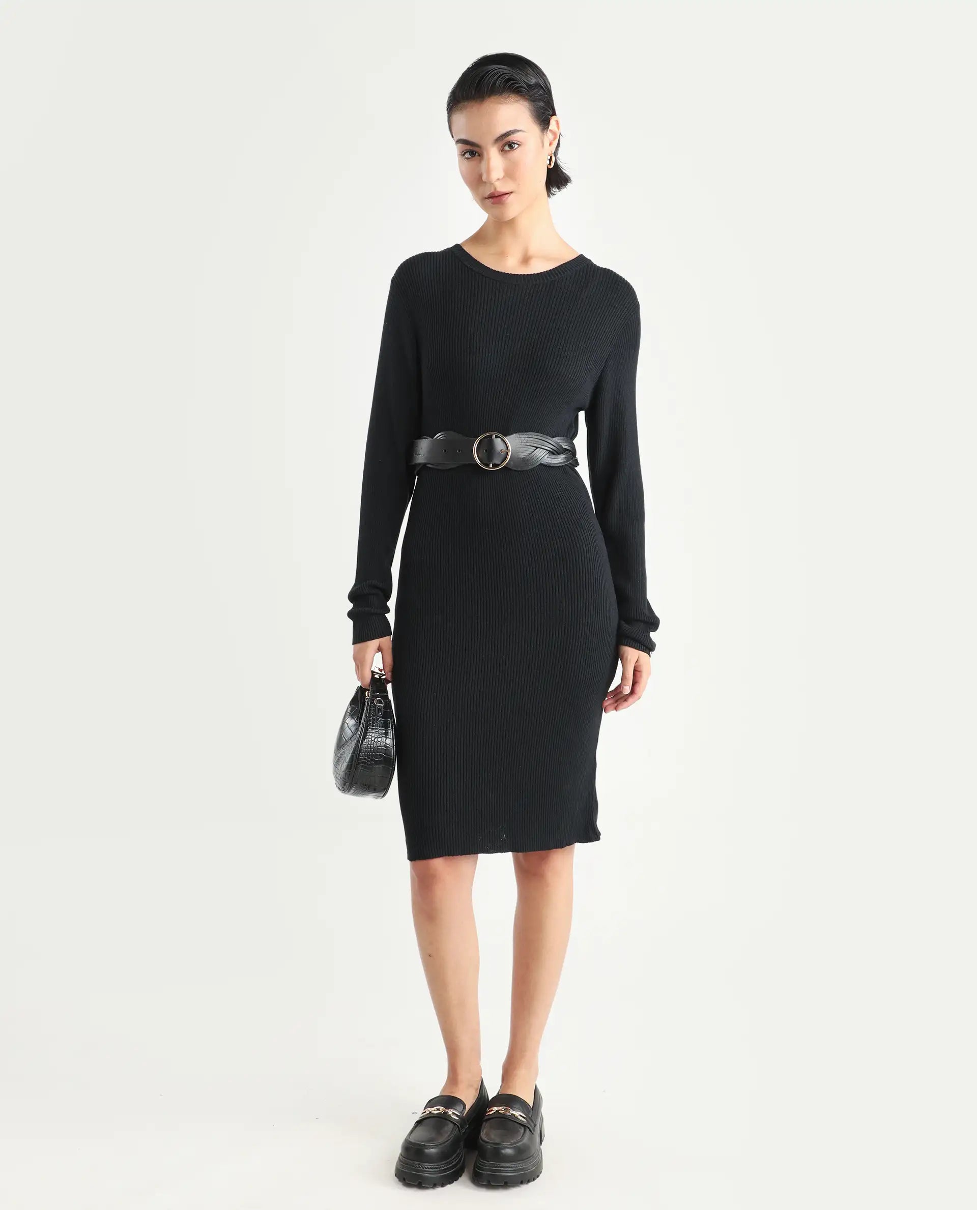 Rareism Women's Franccois Black Viscose Boat Neck Plain Knee Length Regular Fit Sweater