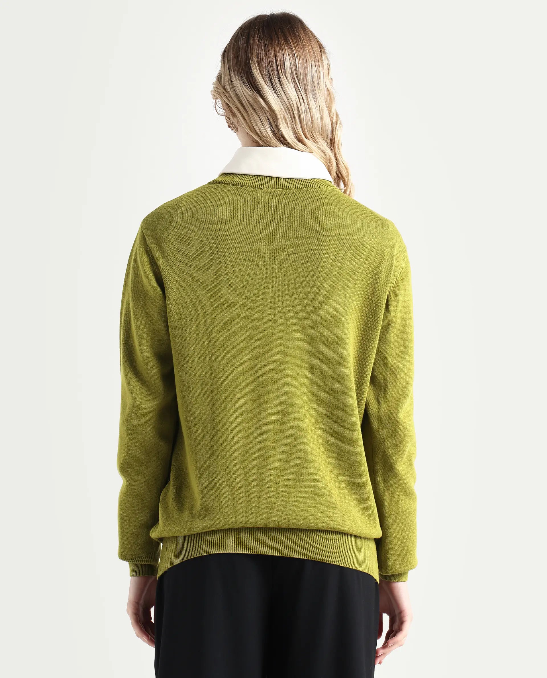 Rareism Women's Whittall Olive Cotton High Neck Plain Relaxed Fit Sweater