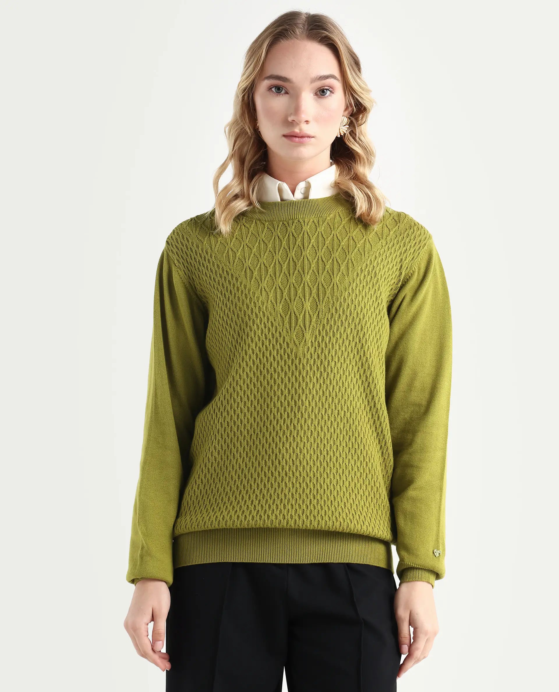 Rareism Women's Whittall Olive Cotton High Neck Plain Relaxed Fit Sweater