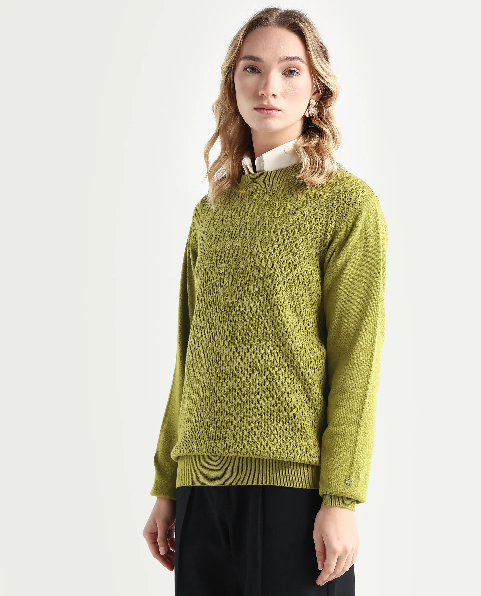 Rareism Women's Whittall Olive Cotton High Neck Plain Relaxed Fit Sweater
