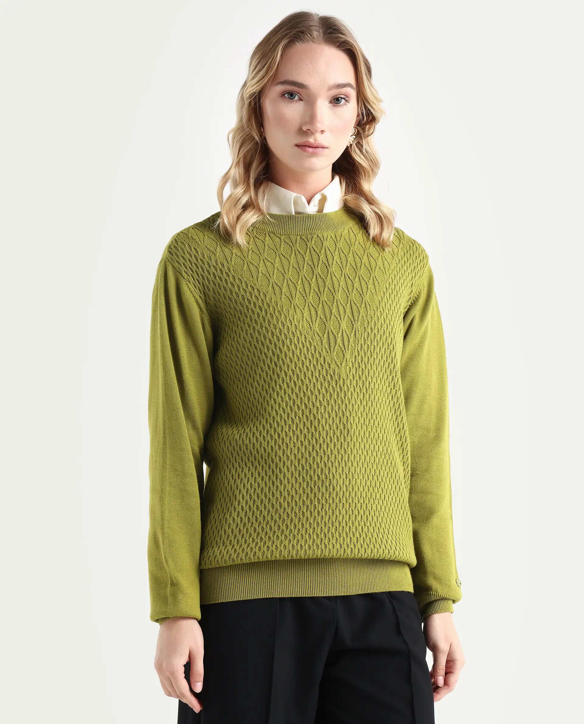 Rareism Women's Whittall Olive Cotton High Neck Plain Relaxed Fit Sweater