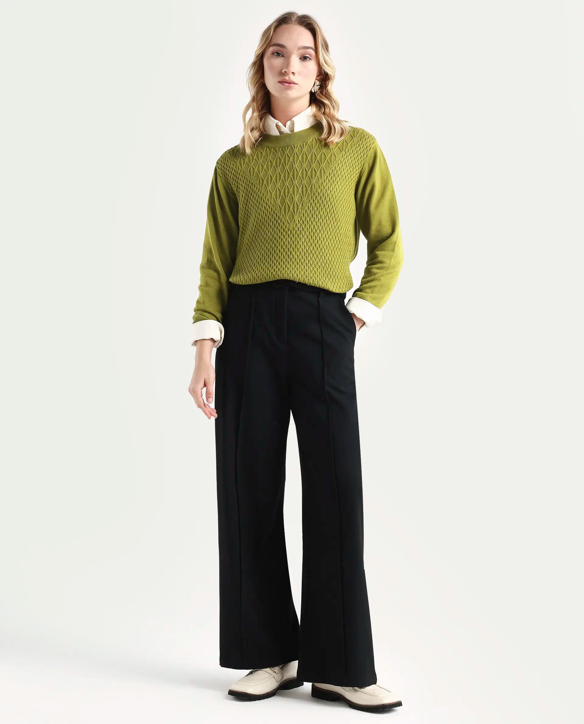 Rareism Women's Whittall Olive Cotton High Neck Plain Relaxed Fit Sweater