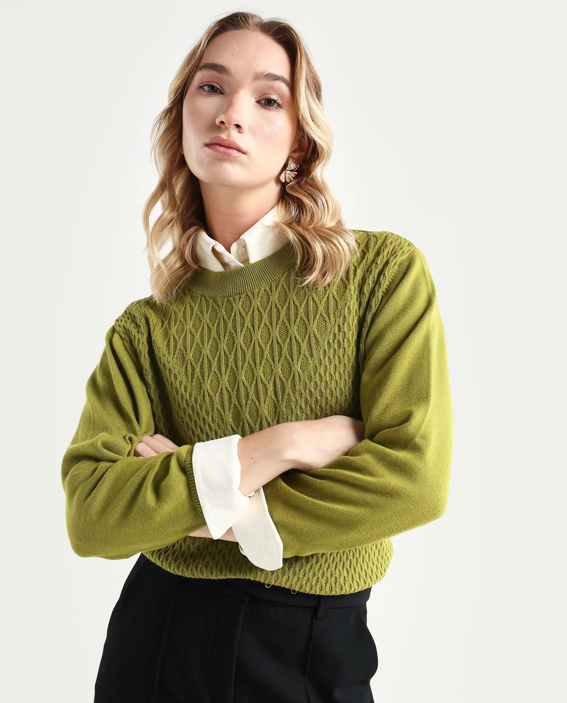 Rareism Women's Whittall Olive Cotton High Neck Plain Relaxed Fit Sweater