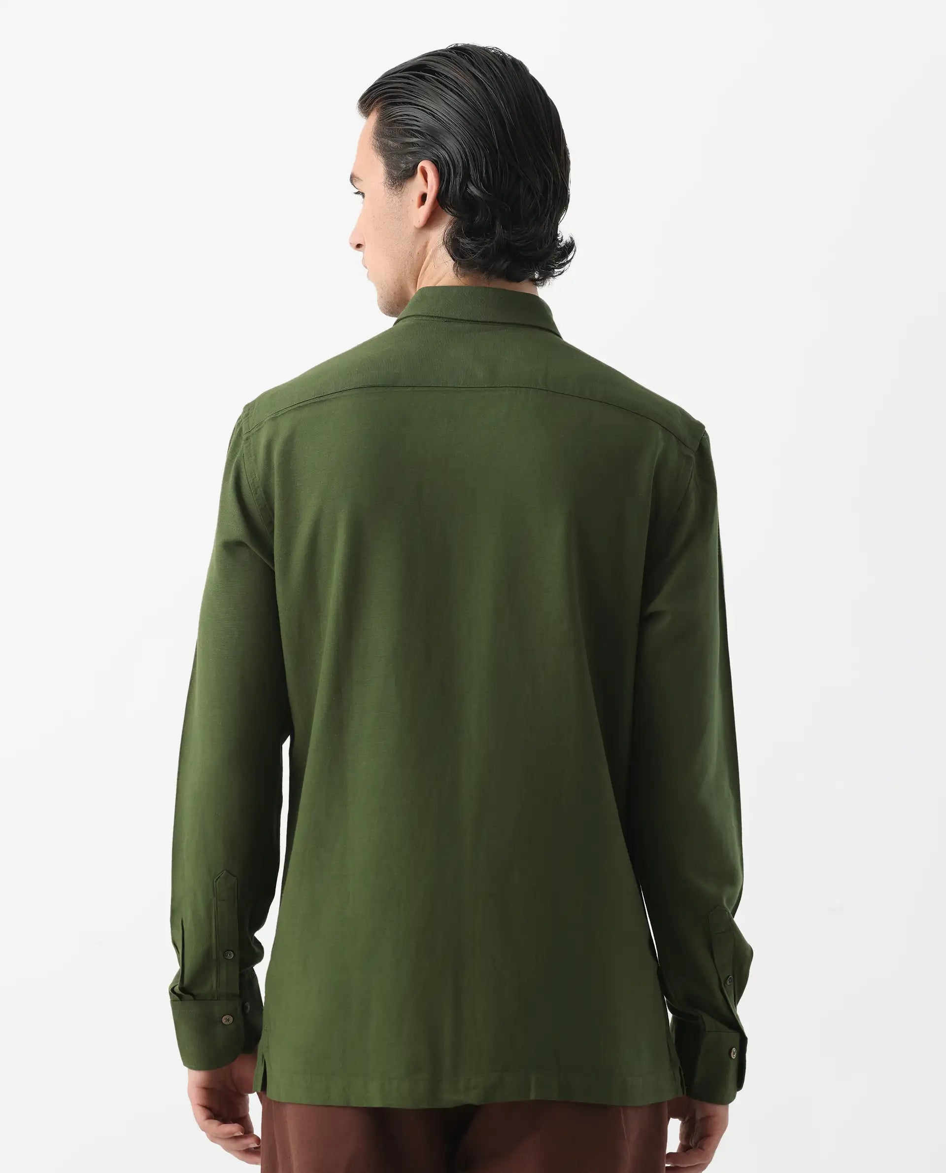 Rare Rabbit Men's Lunet Olive Linen Full Sleeves Solid Shirt