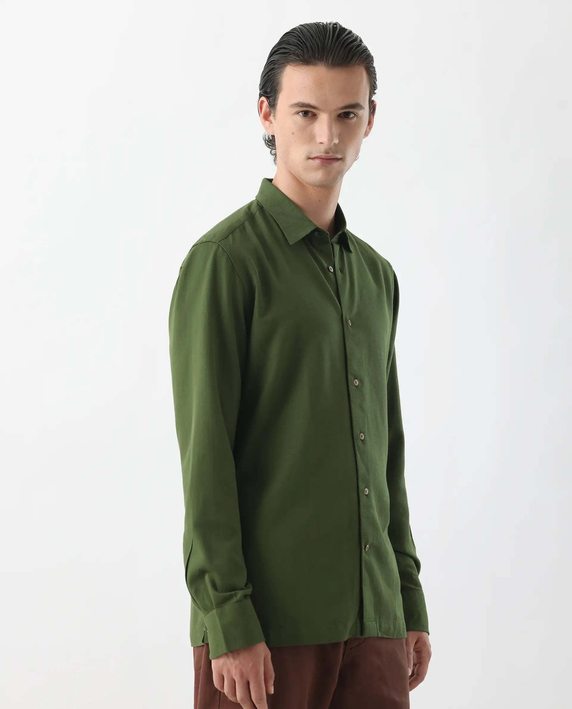 Rare Rabbit Men's Lunet Olive Linen Full Sleeves Solid Shirt