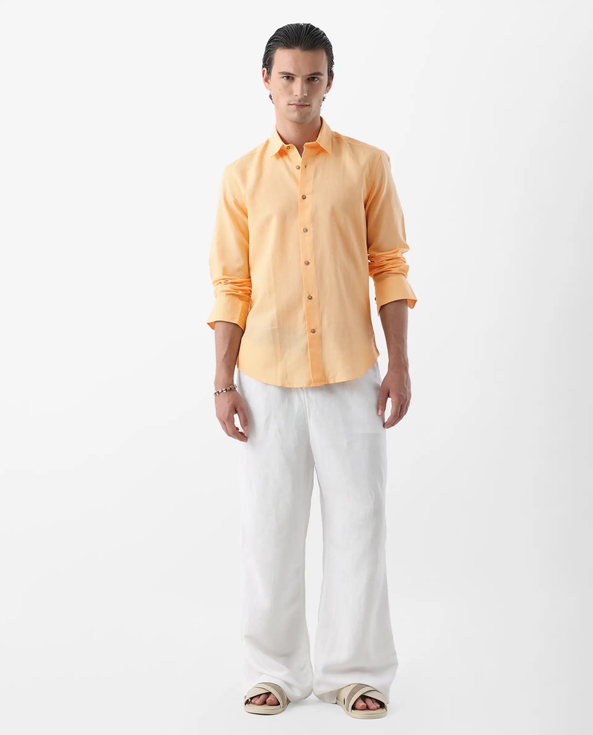 Rare Rabbit Men's Linux Light Yellow Linen Blend Plain Regular Fit Full Sleeve Collared Shirt