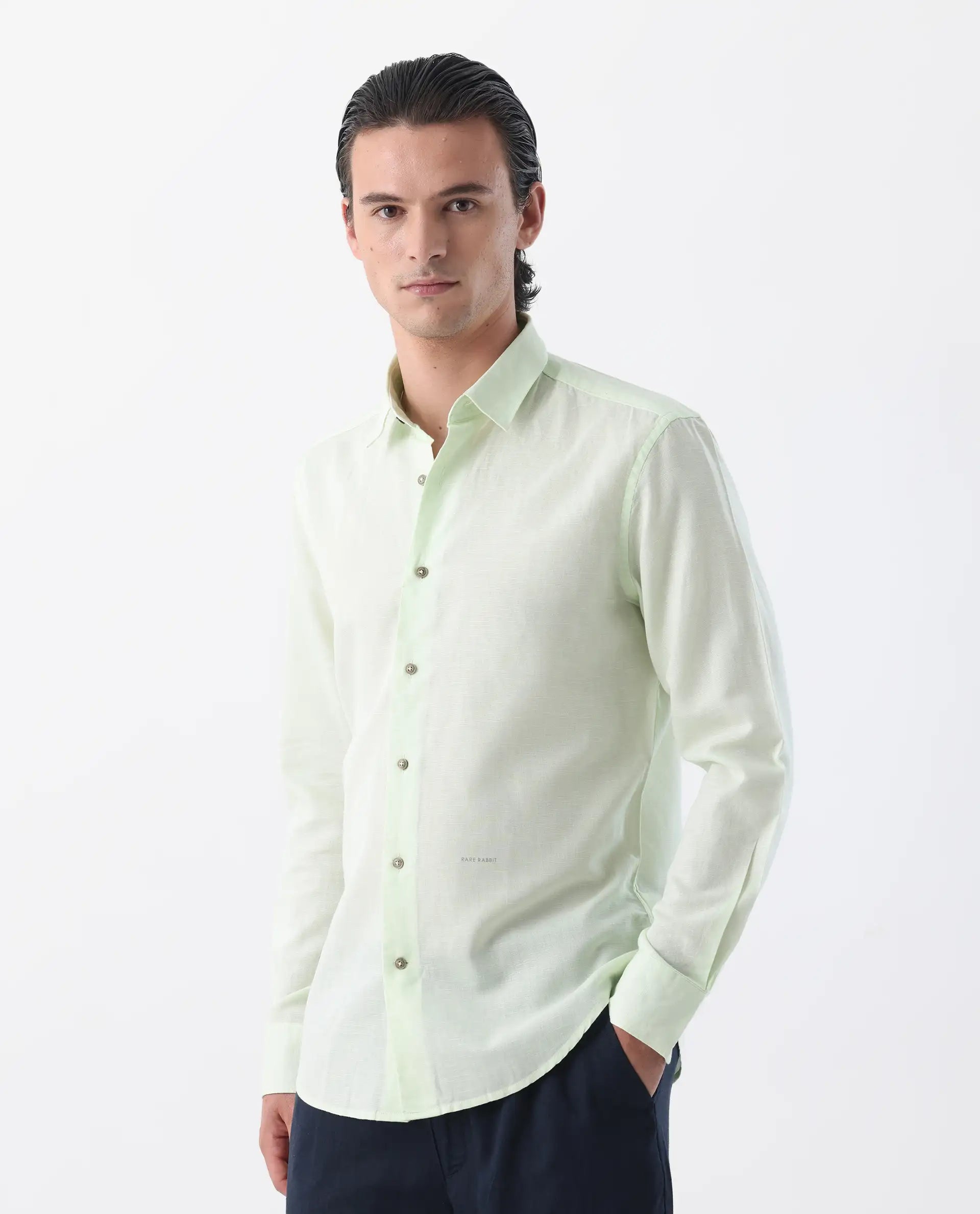 Rare Rabbit Men's Linux Pastel Green Linen Blend Plain Regular Fit Full Sleeve Collared Shirt
