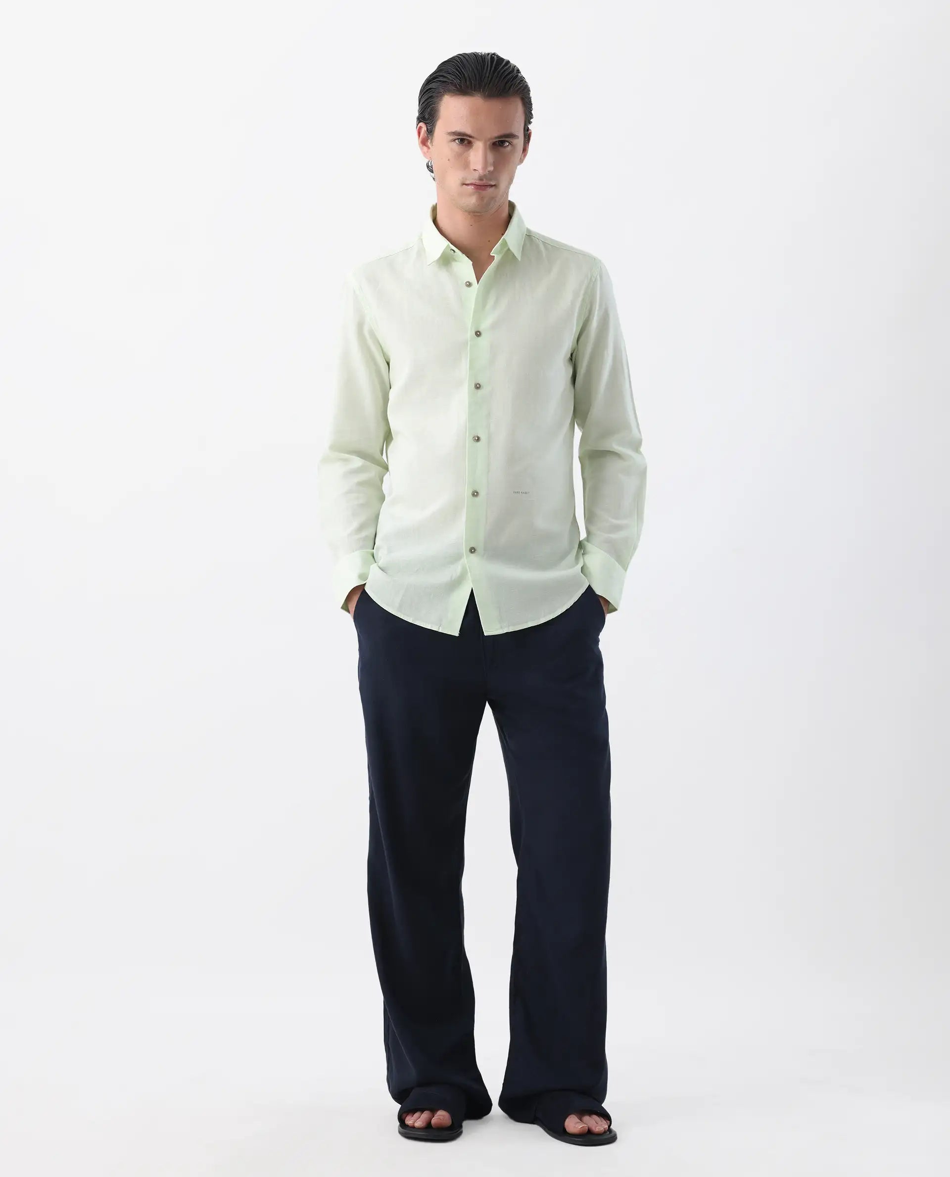 Rare Rabbit Men's Linux Pastel Green Linen Blend Plain Regular Fit Full Sleeve Collared Shirt