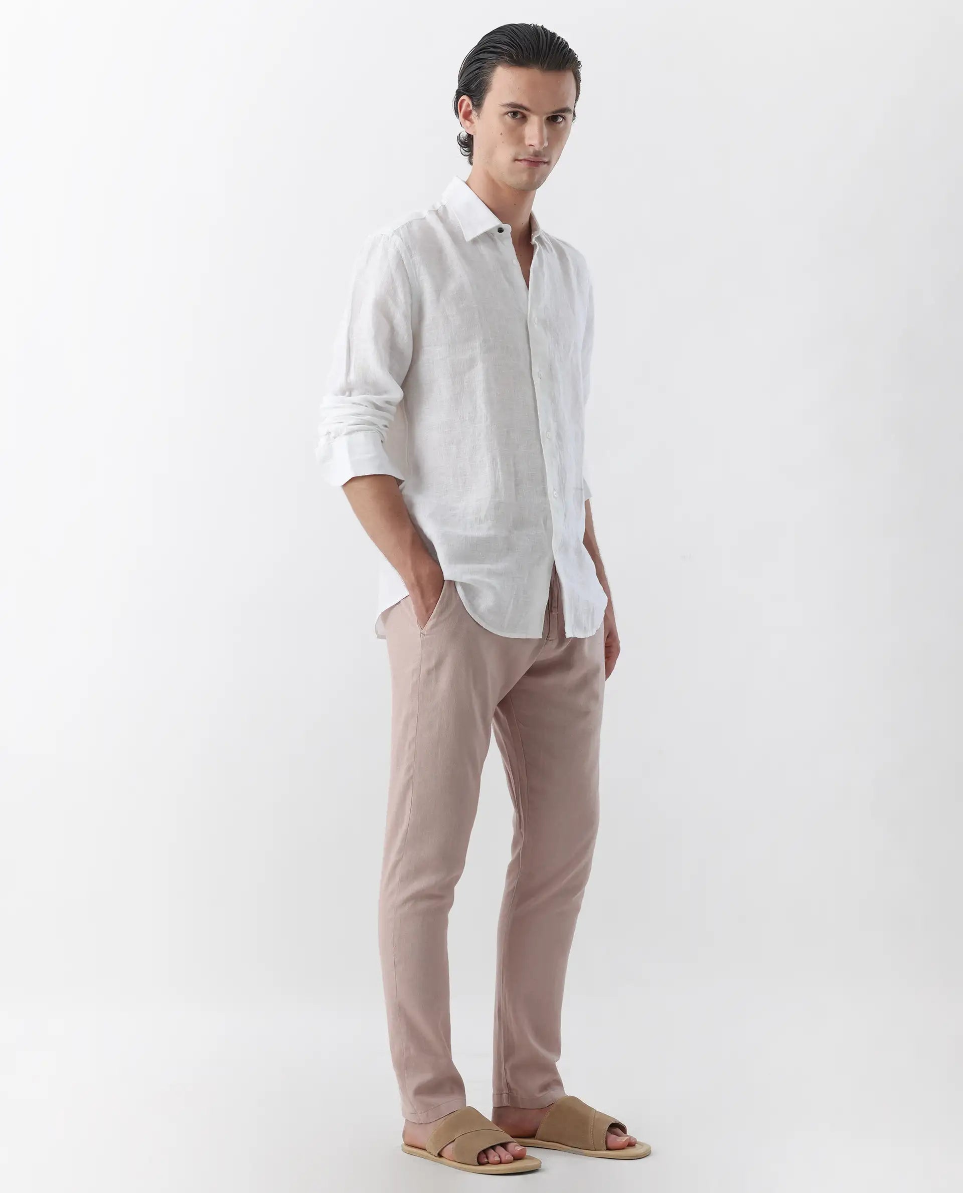 Rare Rabbit Men's Linac Dusky Pink 100% Linen Plain Regular Fit Trouser