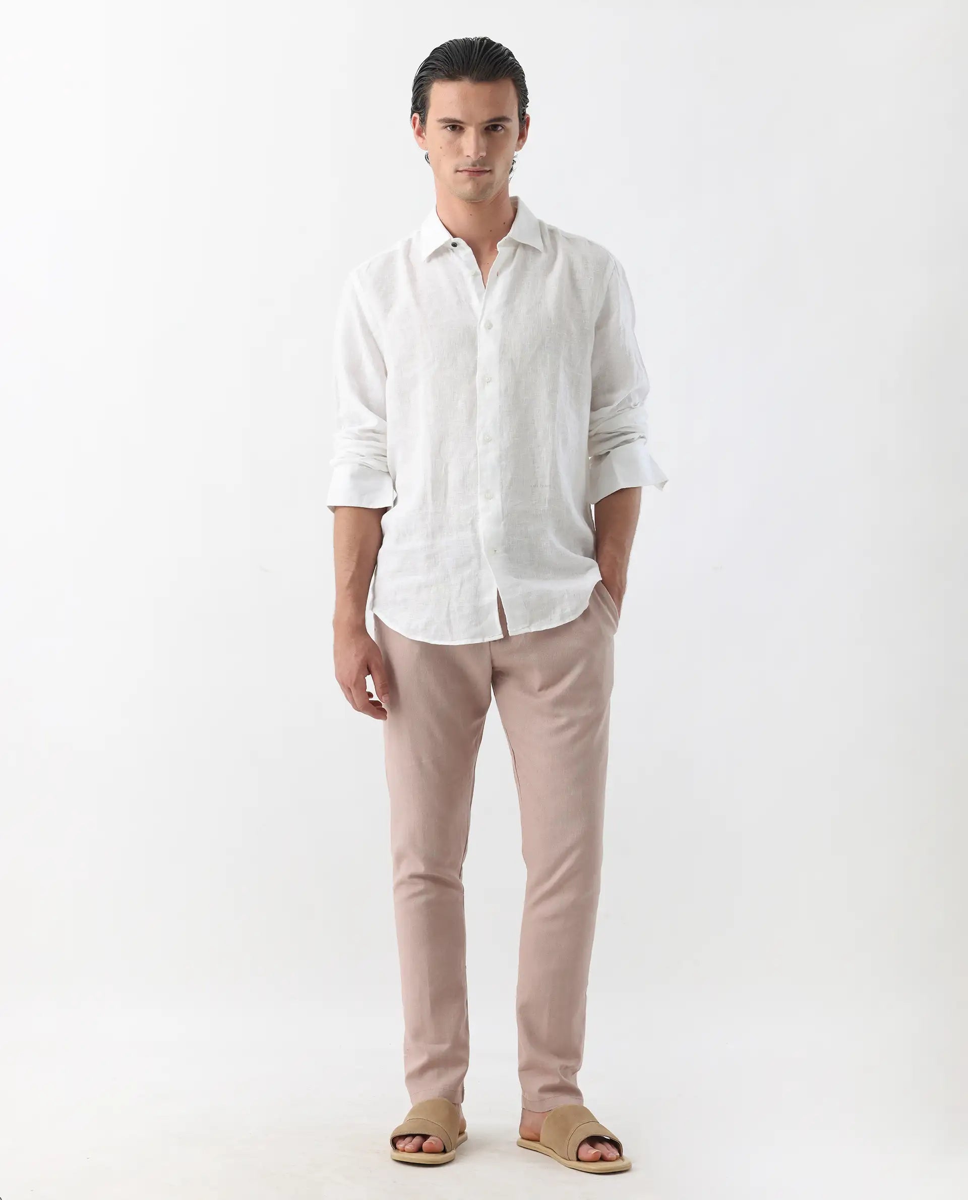 Rare Rabbit Men's Linac Dusky Pink 100% Linen Plain Regular Fit Trouser