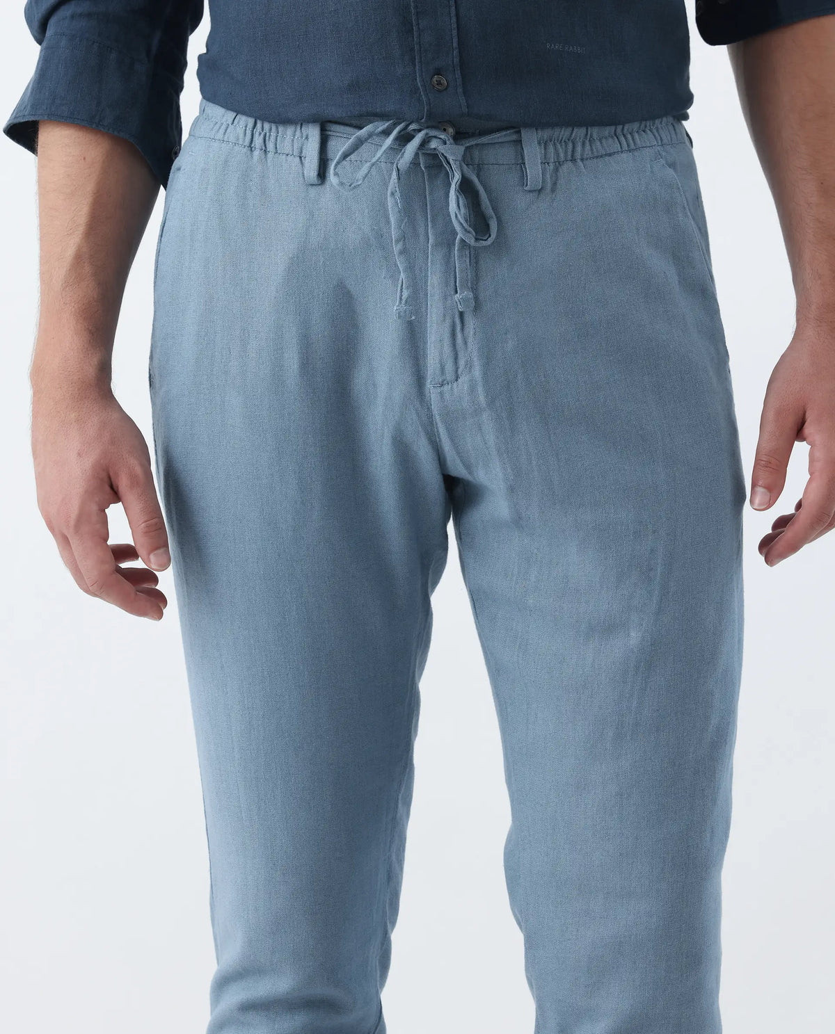 Rare Rabbit Men's Linac Dusky Blue 100% Linen Plain Regular Fit Trouser