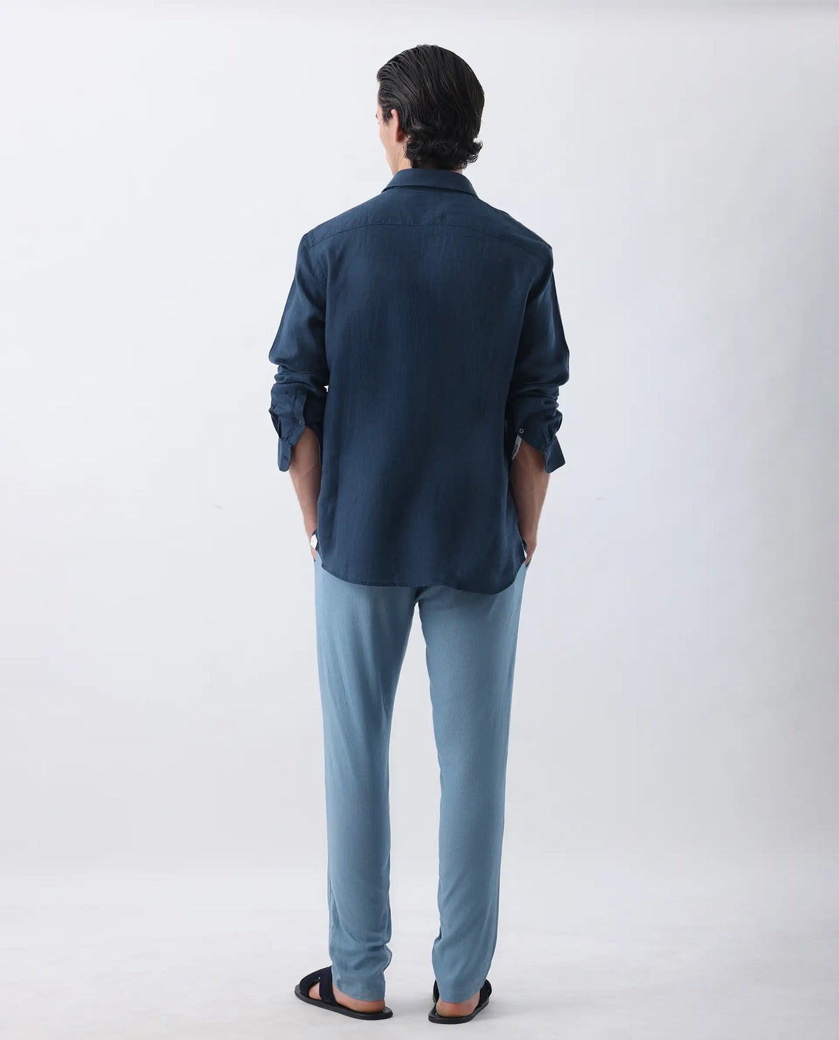 Rare Rabbit Men's Linac Dusky Blue 100% Linen Plain Regular Fit Trouser