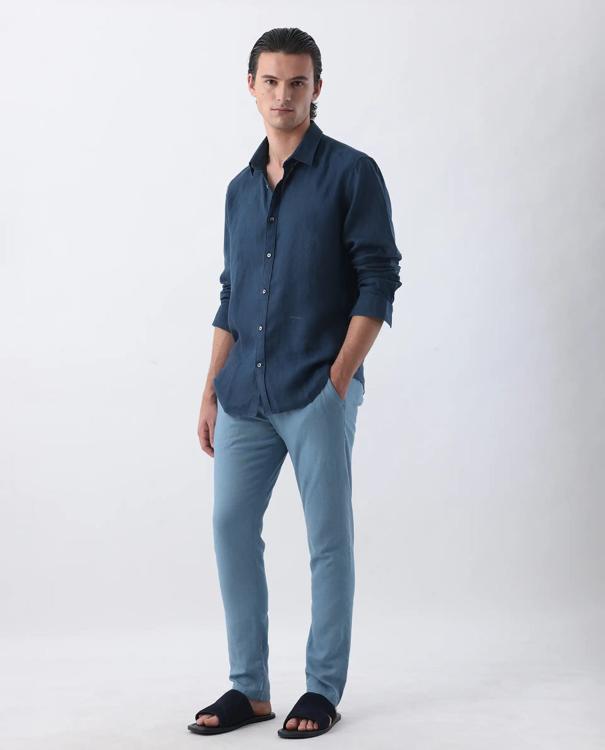 Rare Rabbit Men's Linac Dusky Blue 100% Linen Plain Regular Fit Trouser
