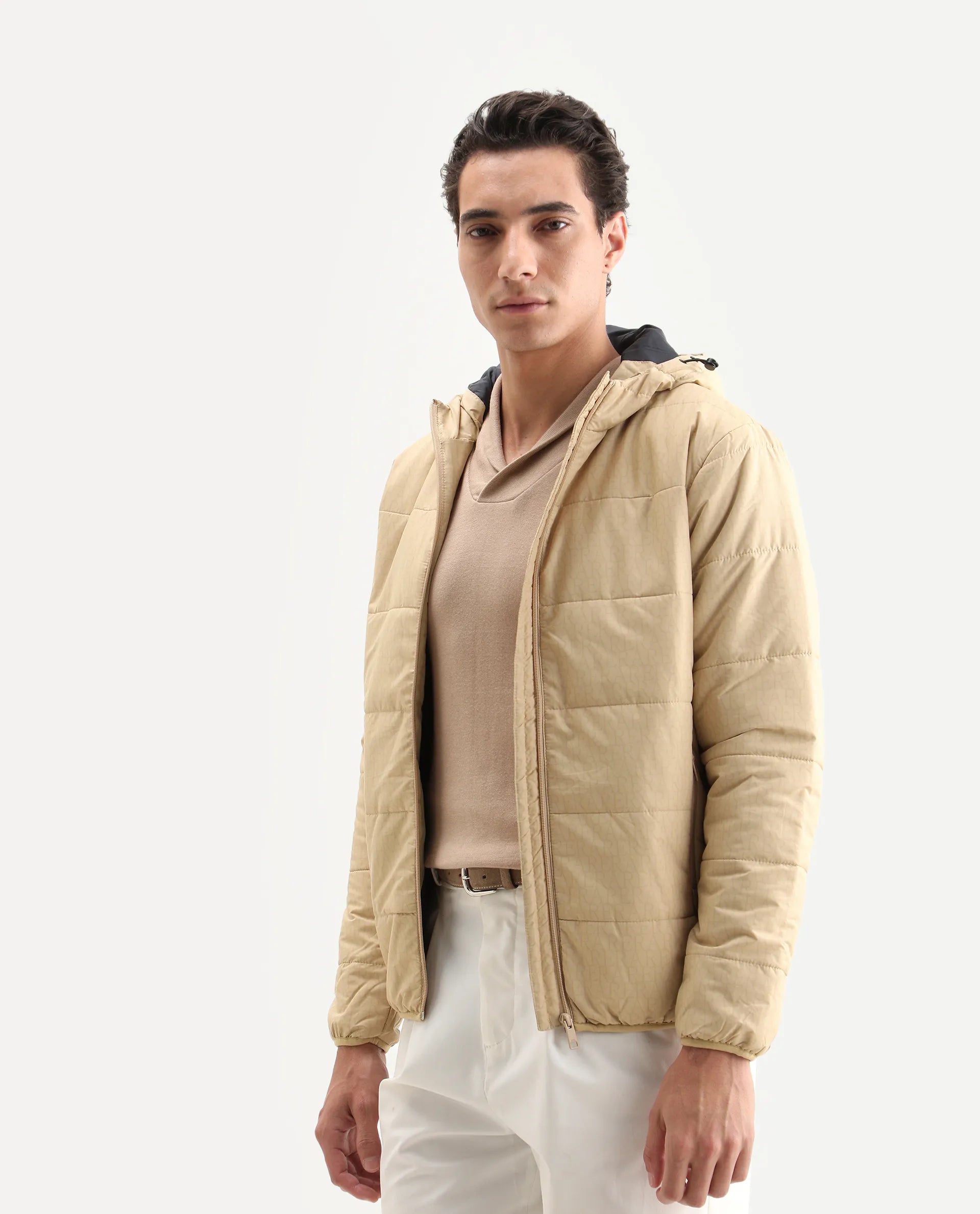 Rare Rabbit Men's Vasto Beige Polyester Monogram Print Regular Fit Full Sleeve Hooded Jacket
