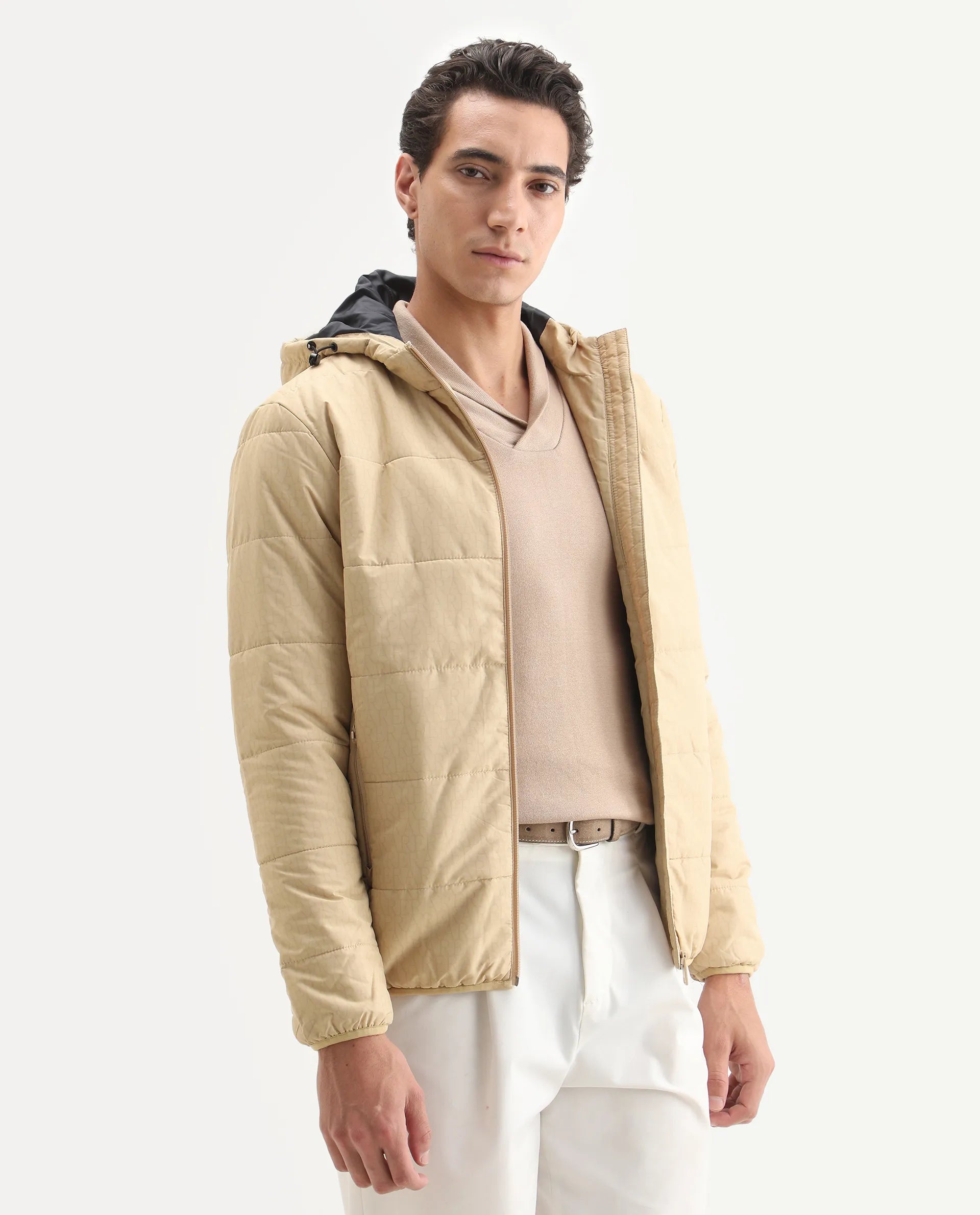 Rare Rabbit Men's Vasto Beige Polyester Monogram Print Regular Fit Full Sleeve Hooded Jacket