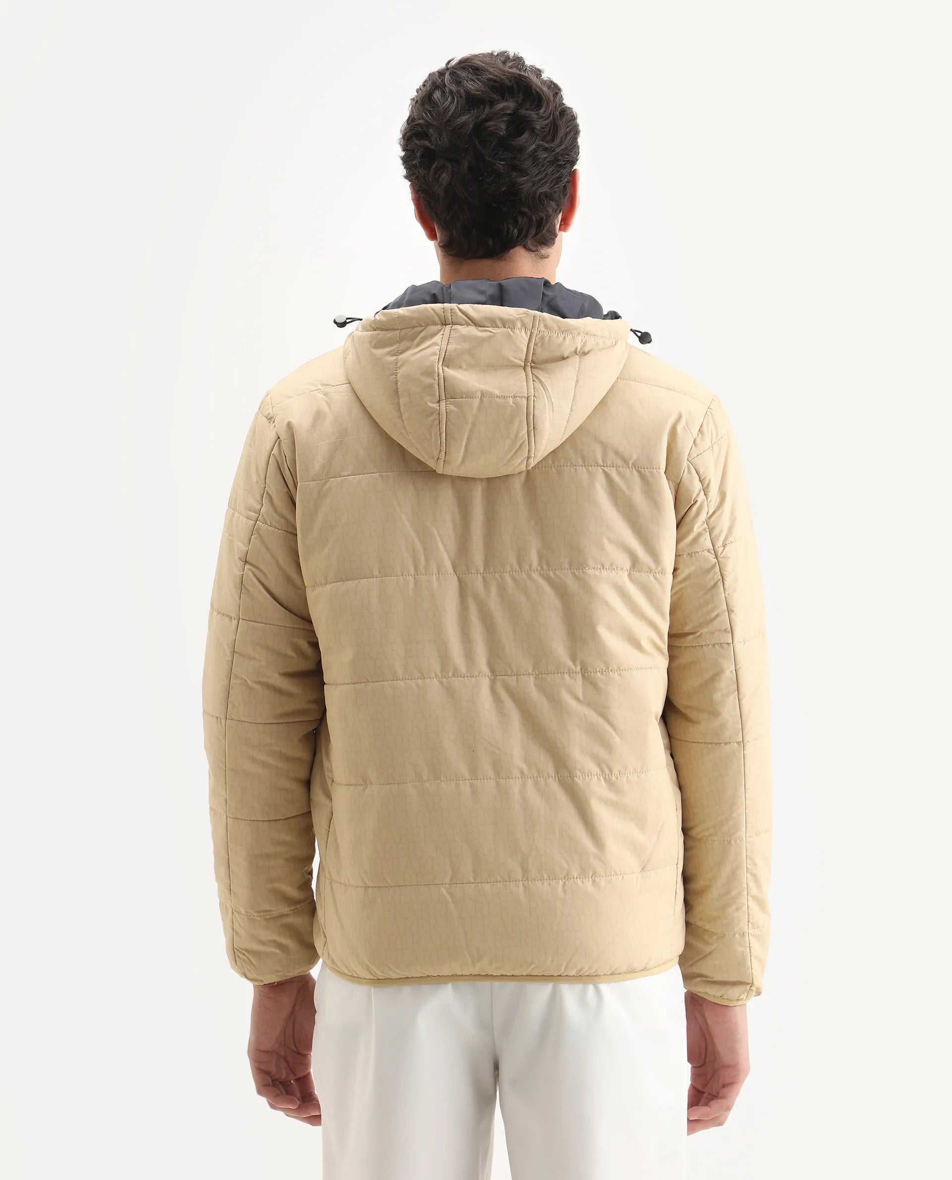 Rare Rabbit Men's Vasto Beige Polyester Monogram Print Regular Fit Full Sleeve Hooded Jacket