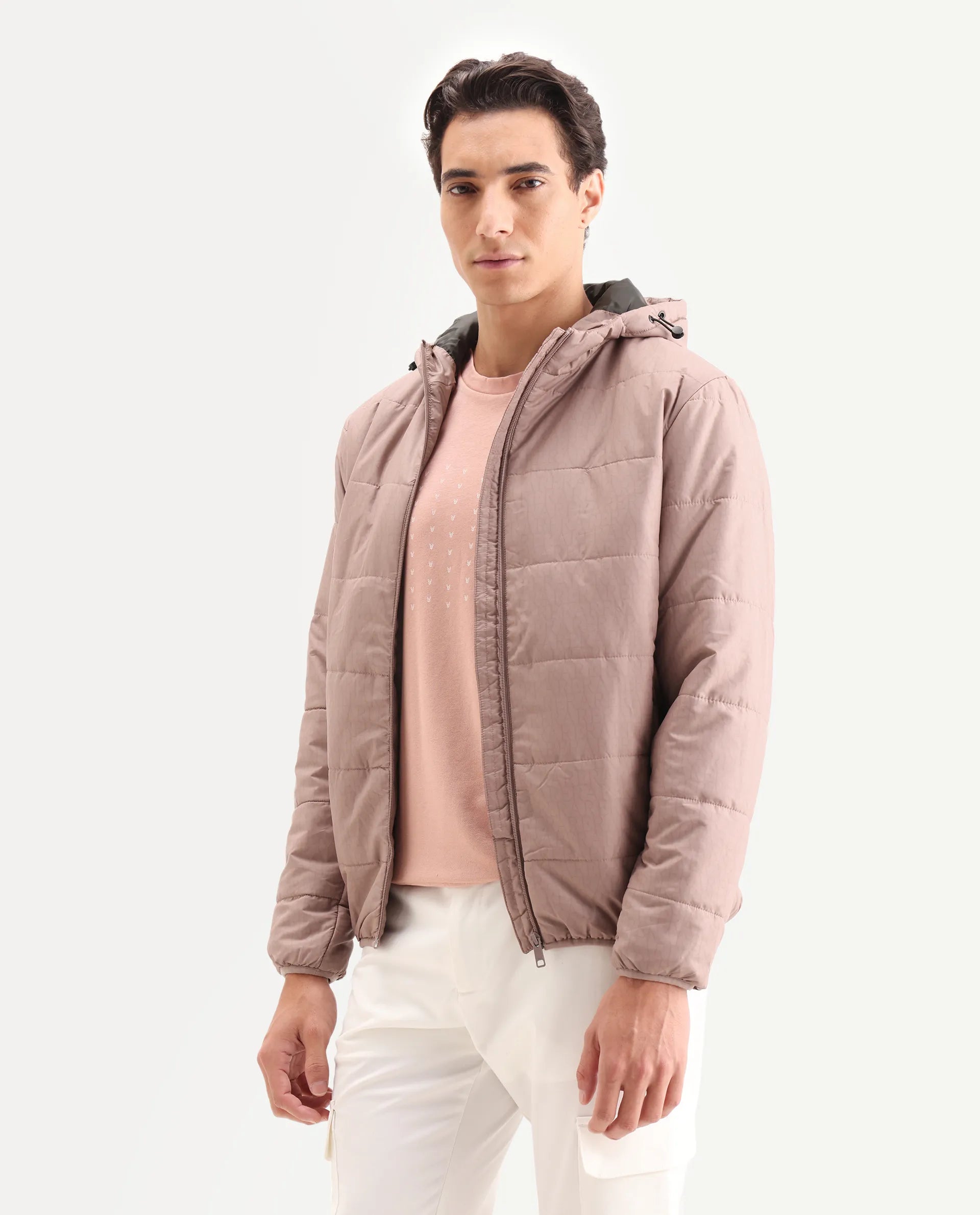Rare Rabbit Men's Vasto Dusky Pink Polyester Monogram Print Regular Fit Full Sleeve Hooded Jacket