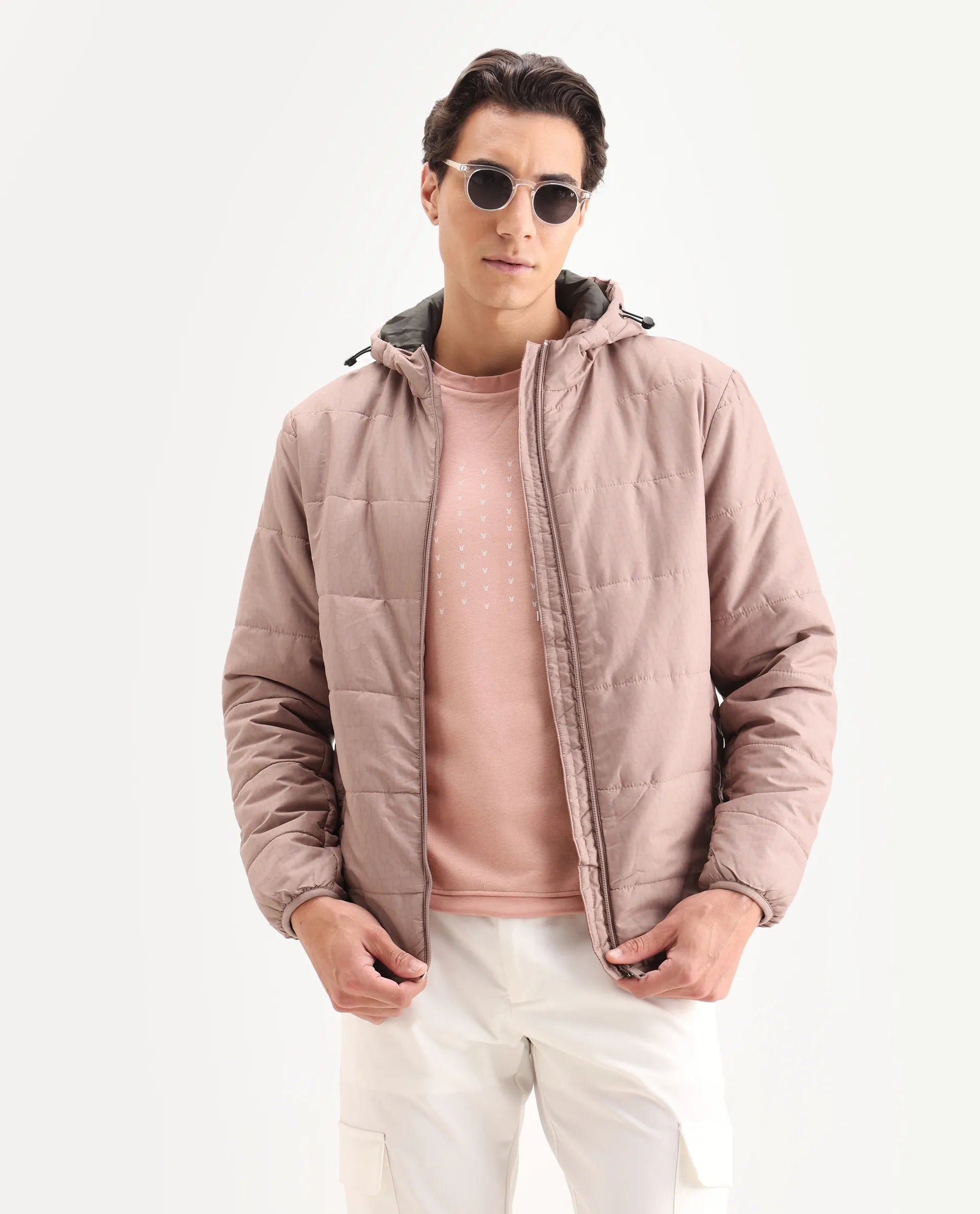 Rare Rabbit Men's Vasto Dusky Pink Polyester Monogram Print Regular Fit Full Sleeve Hooded Jacket