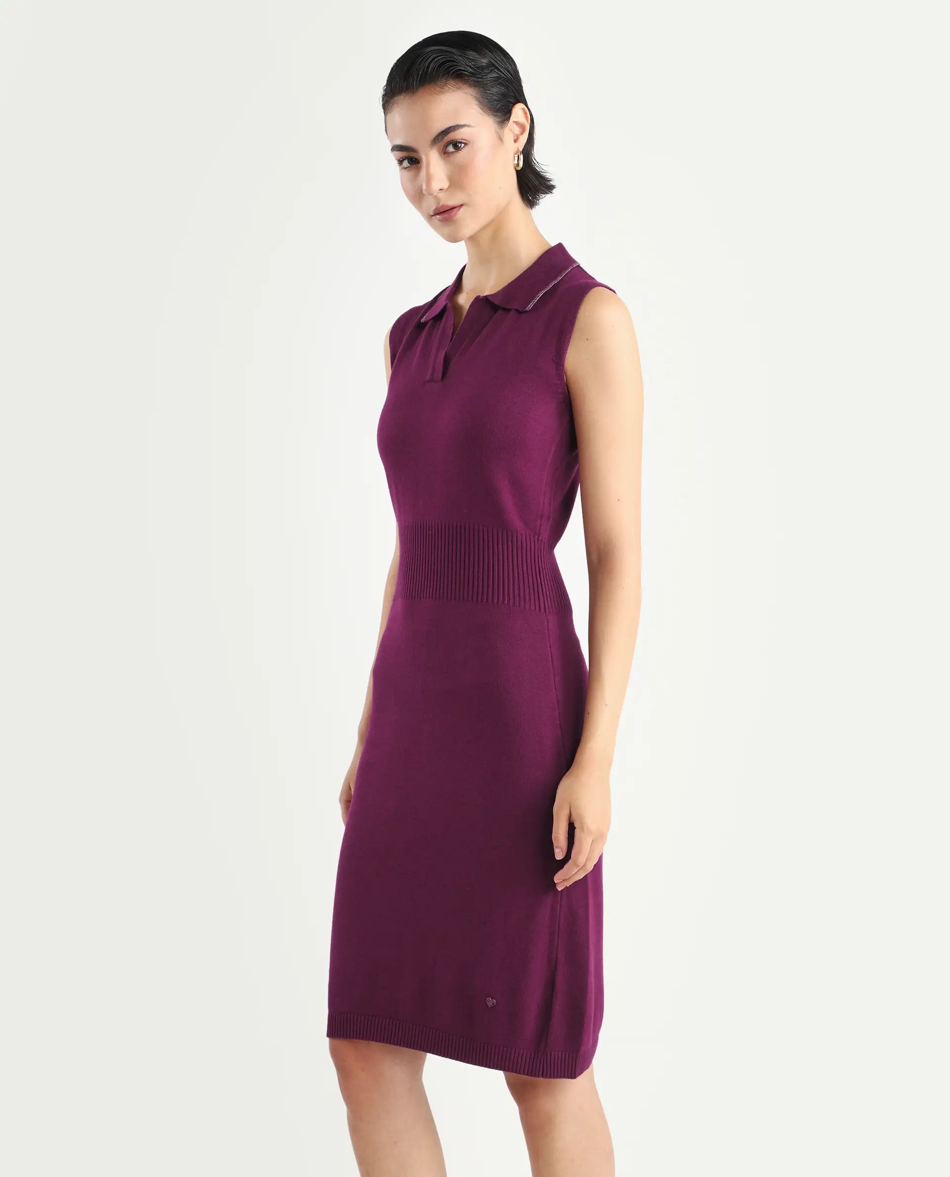 Rareism Women's Knitsy Dark Maroon Cotton Spread Collar Plain Sleeveless Knee Length Regular Fit Sweater