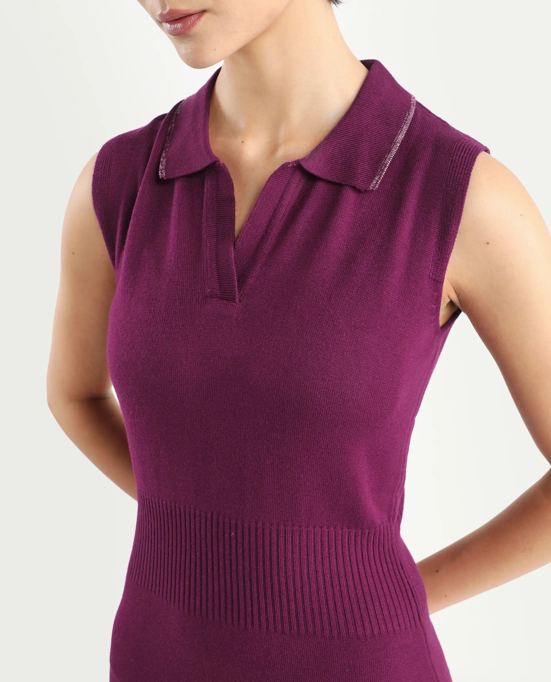 Rareism Women's Knitsy Dark Maroon Cotton Spread Collar Plain Sleeveless Knee Length Regular Fit Sweater