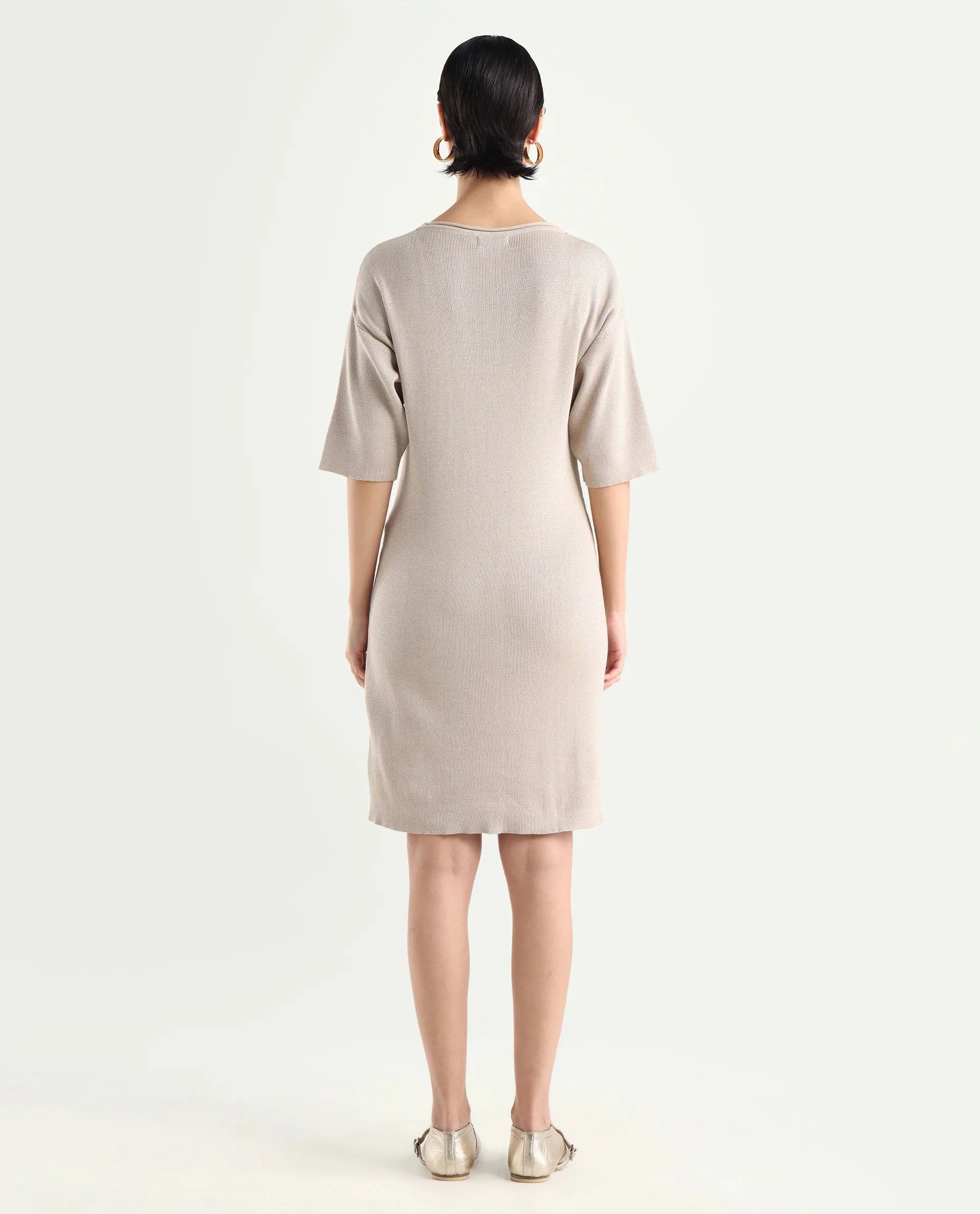 Rareism Women's Shimknit Beige Cotton Boat Neck Plain Relaxed Fit Sweater