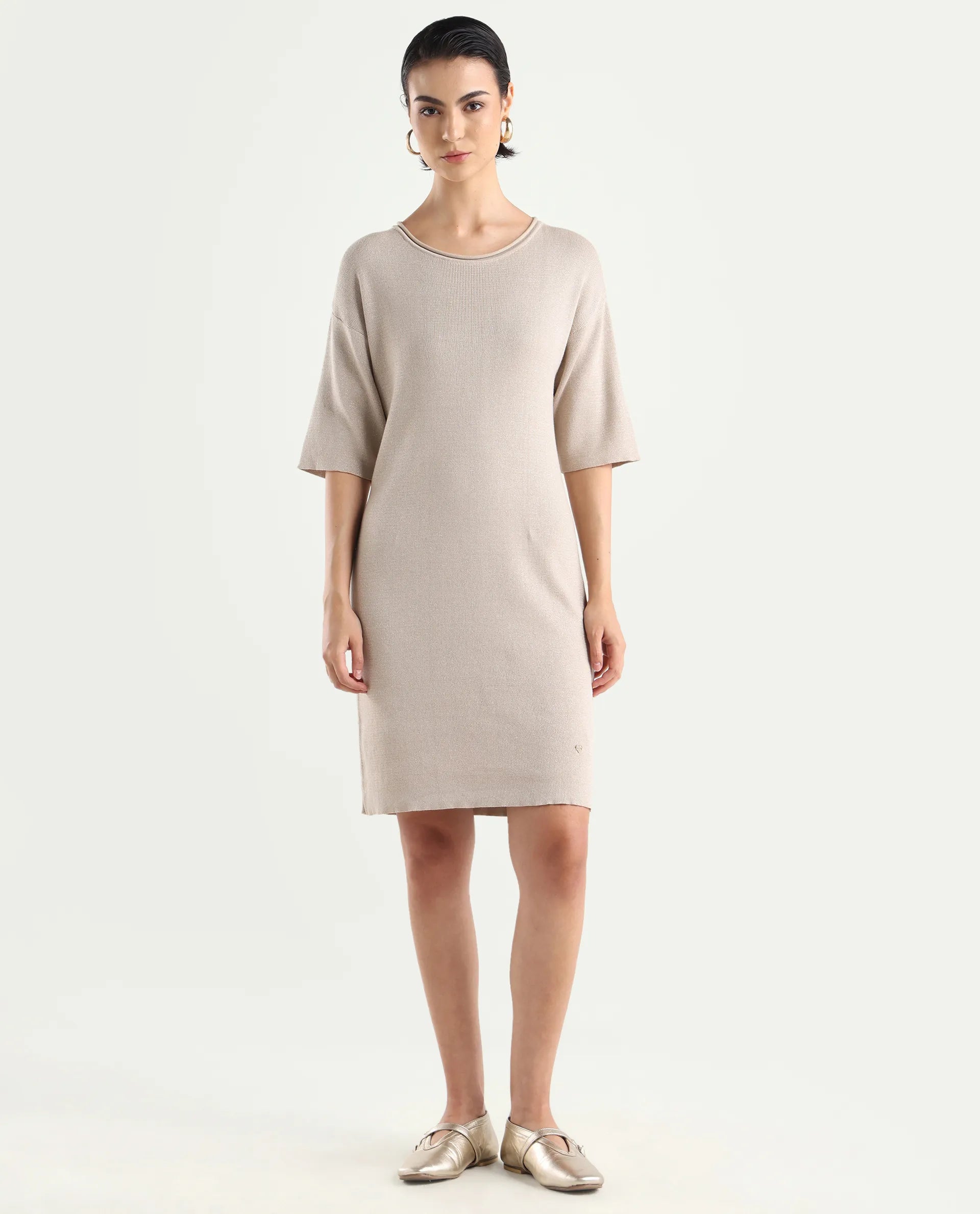 Rareism Women's Shimknit Beige Cotton Boat Neck Plain Relaxed Fit Sweater