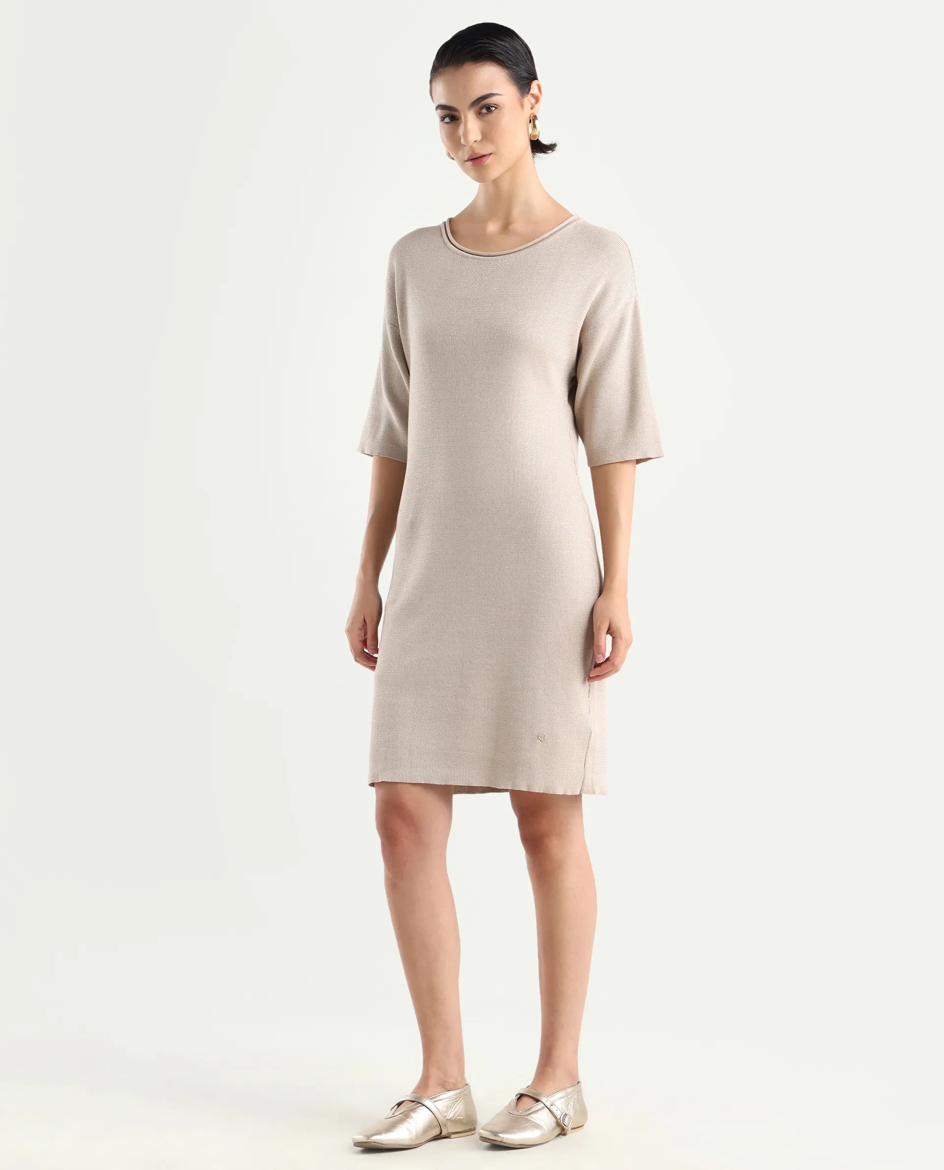 Rareism Women's Shimknit Beige Cotton Boat Neck Plain Relaxed Fit Sweater