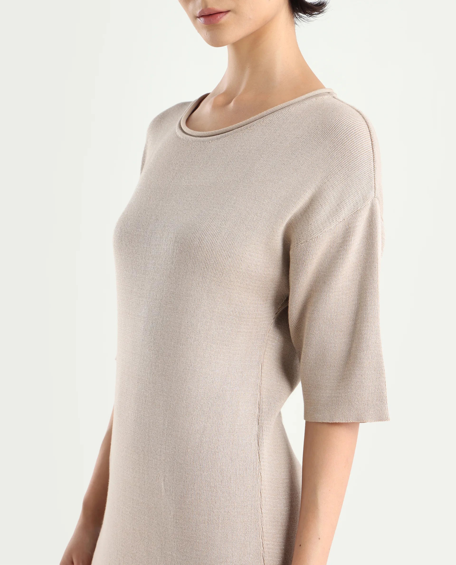 Rareism Women's Shimknit Beige Cotton Boat Neck Plain Relaxed Fit Sweater