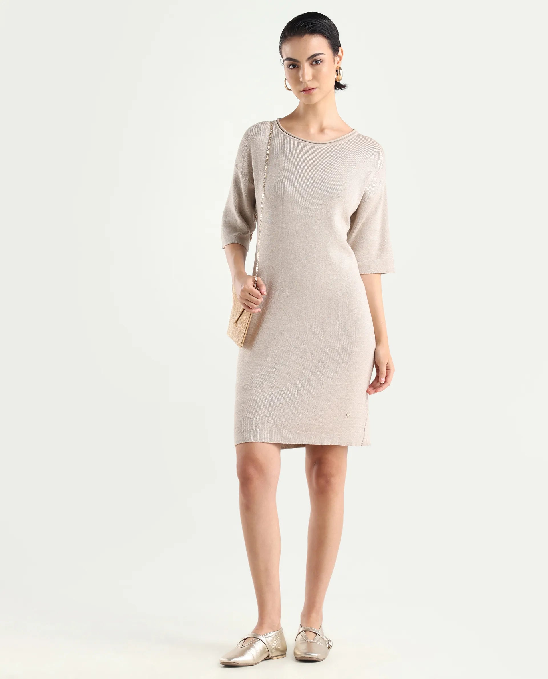 Rareism Women's Shimknit Beige Cotton Boat Neck Plain Relaxed Fit Sweater