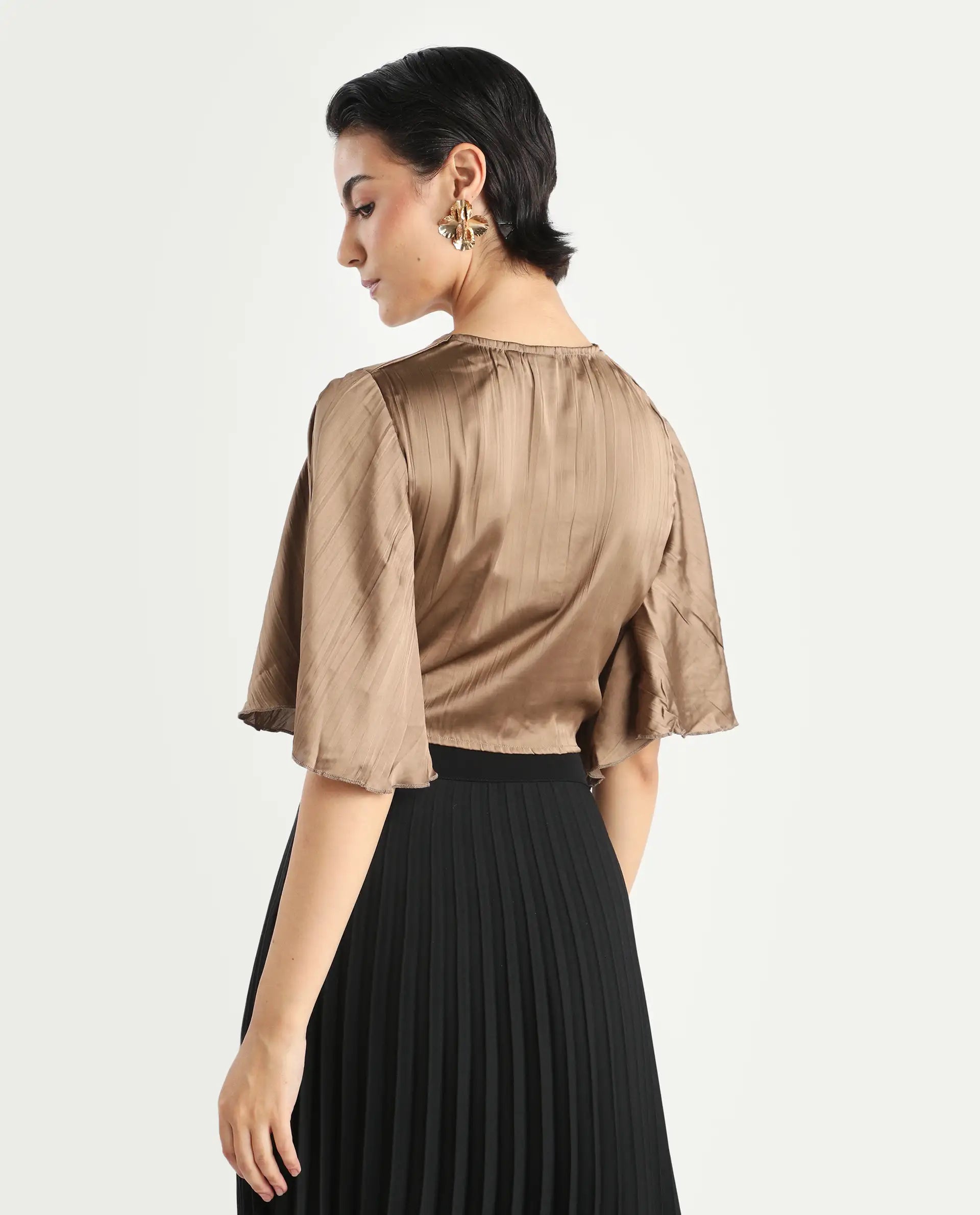 Rareism Women's Ainara Dark Beige Polyester V-Neck Plain Flared Sleeve Crop Regular Fit Top