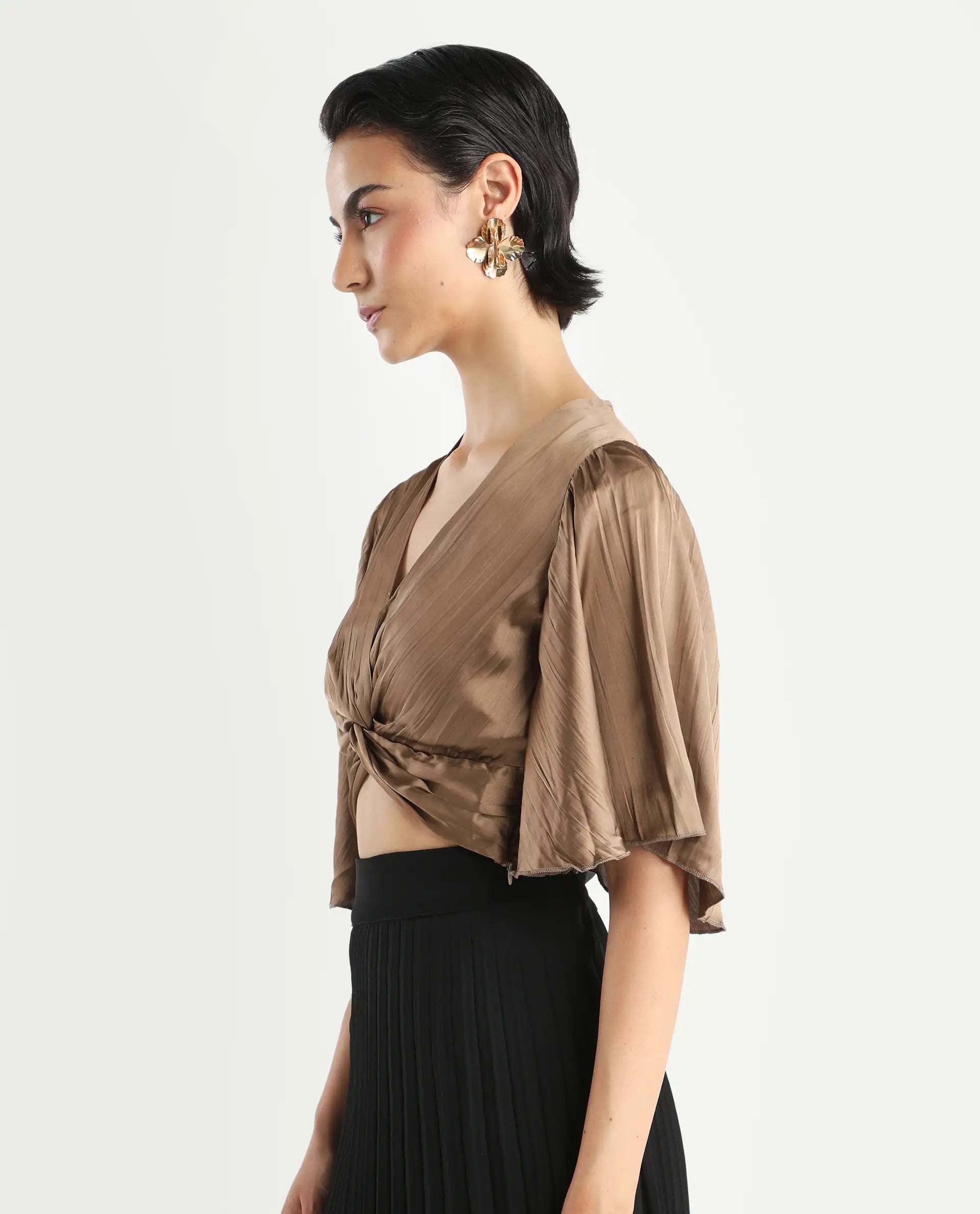 Rareism Women's Ainara Dark Beige Polyester V-Neck Plain Flared Sleeve Crop Regular Fit Top