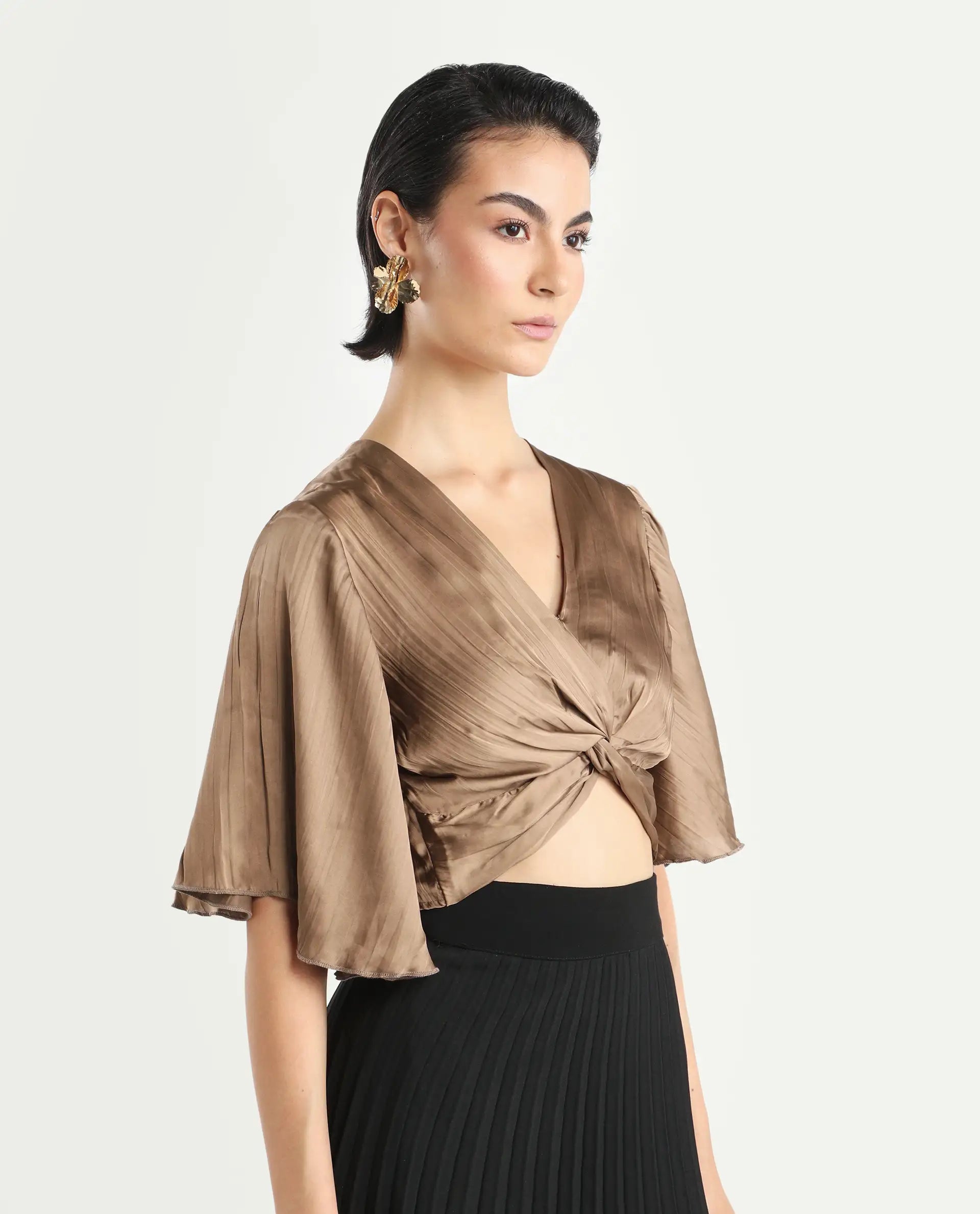 Rareism Women's Ainara Dark Beige Polyester V-Neck Plain Flared Sleeve Crop Regular Fit Top