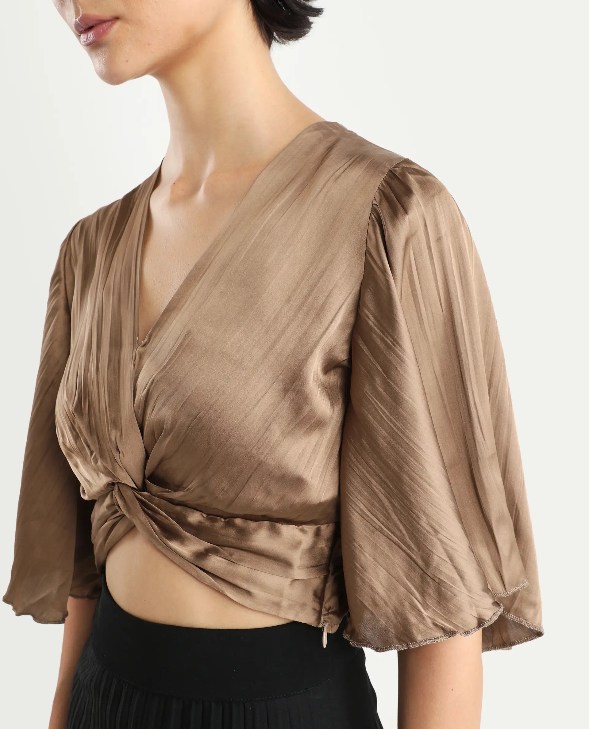 Rareism Women's Ainara Dark Beige Polyester V-Neck Plain Flared Sleeve Crop Regular Fit Top