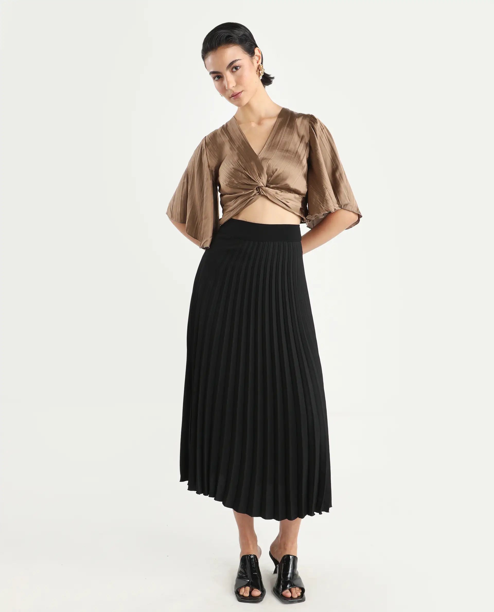 Rareism Women's Ainara Dark Beige Polyester V-Neck Plain Flared Sleeve Crop Regular Fit Top