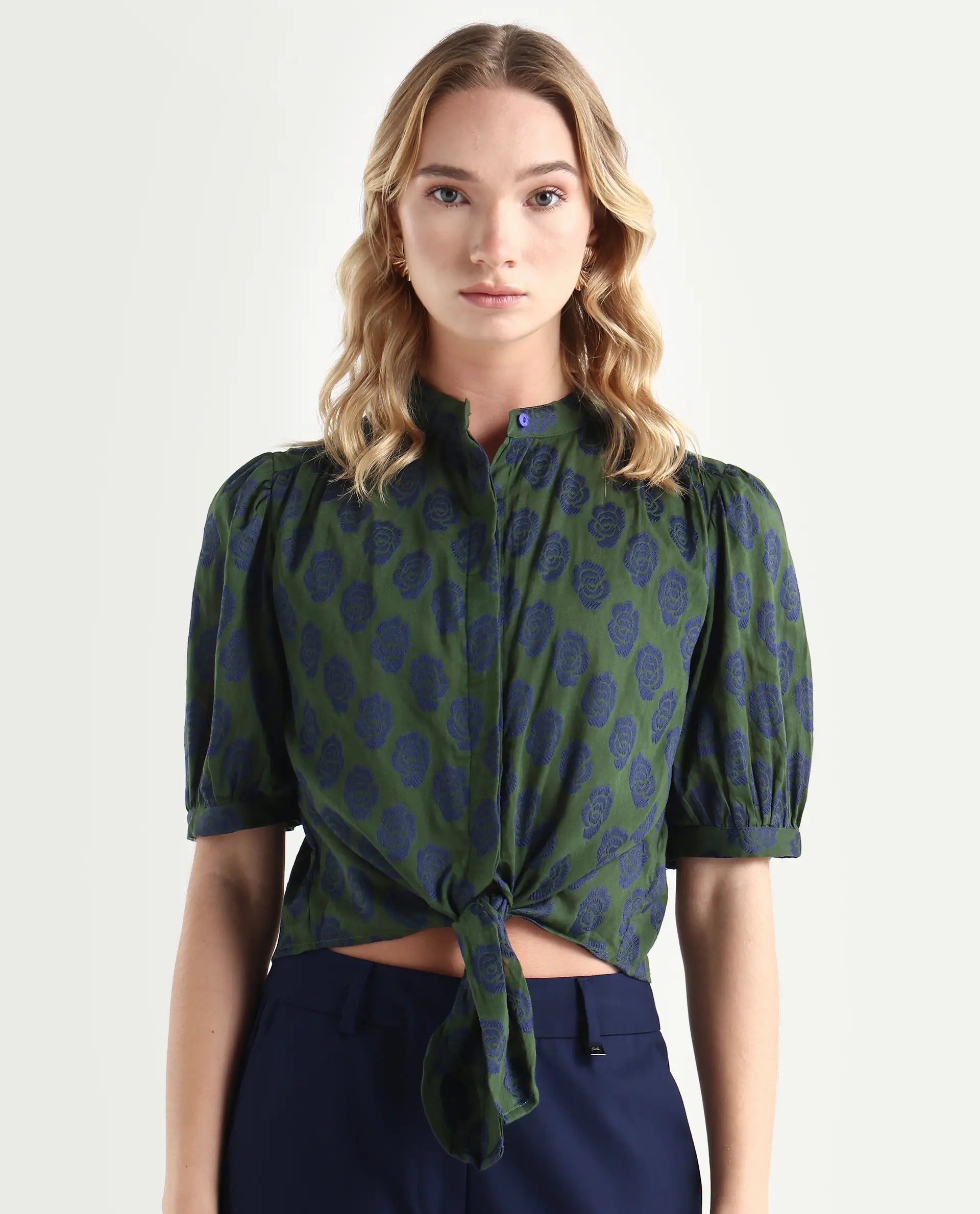 Rareism Women's Andle Dusky Green Polyester High Neck Floral Print Puff Sleeves Regular Fit Top