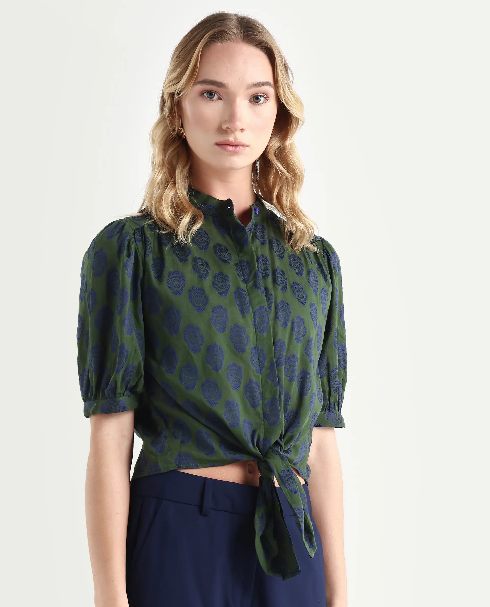 Rareism Women's Andle Dusky Green Polyester High Neck Floral Print Puff Sleeves Regular Fit Top