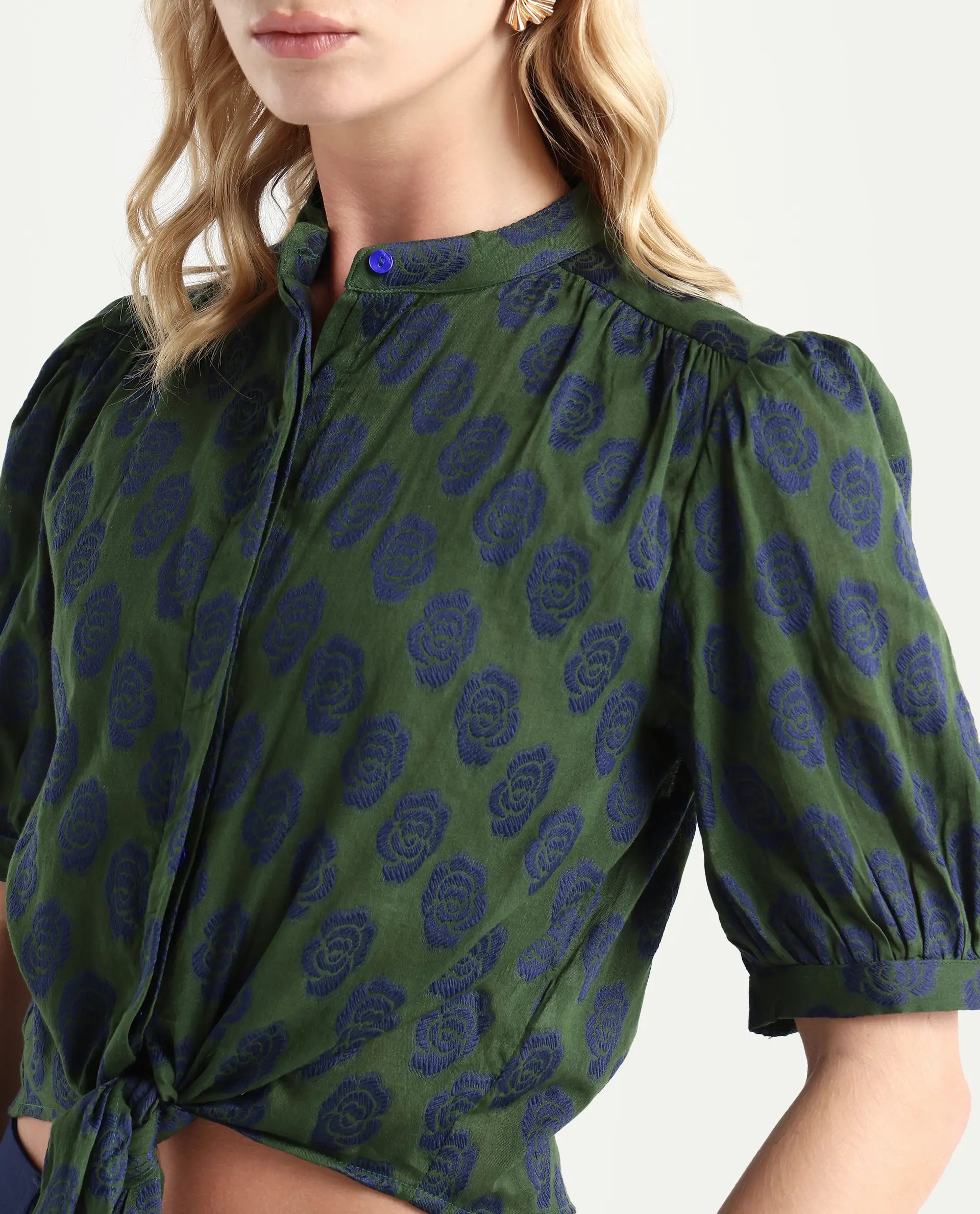 Rareism Women's Andle Dusky Green Polyester High Neck Floral Print Puff Sleeves Regular Fit Top