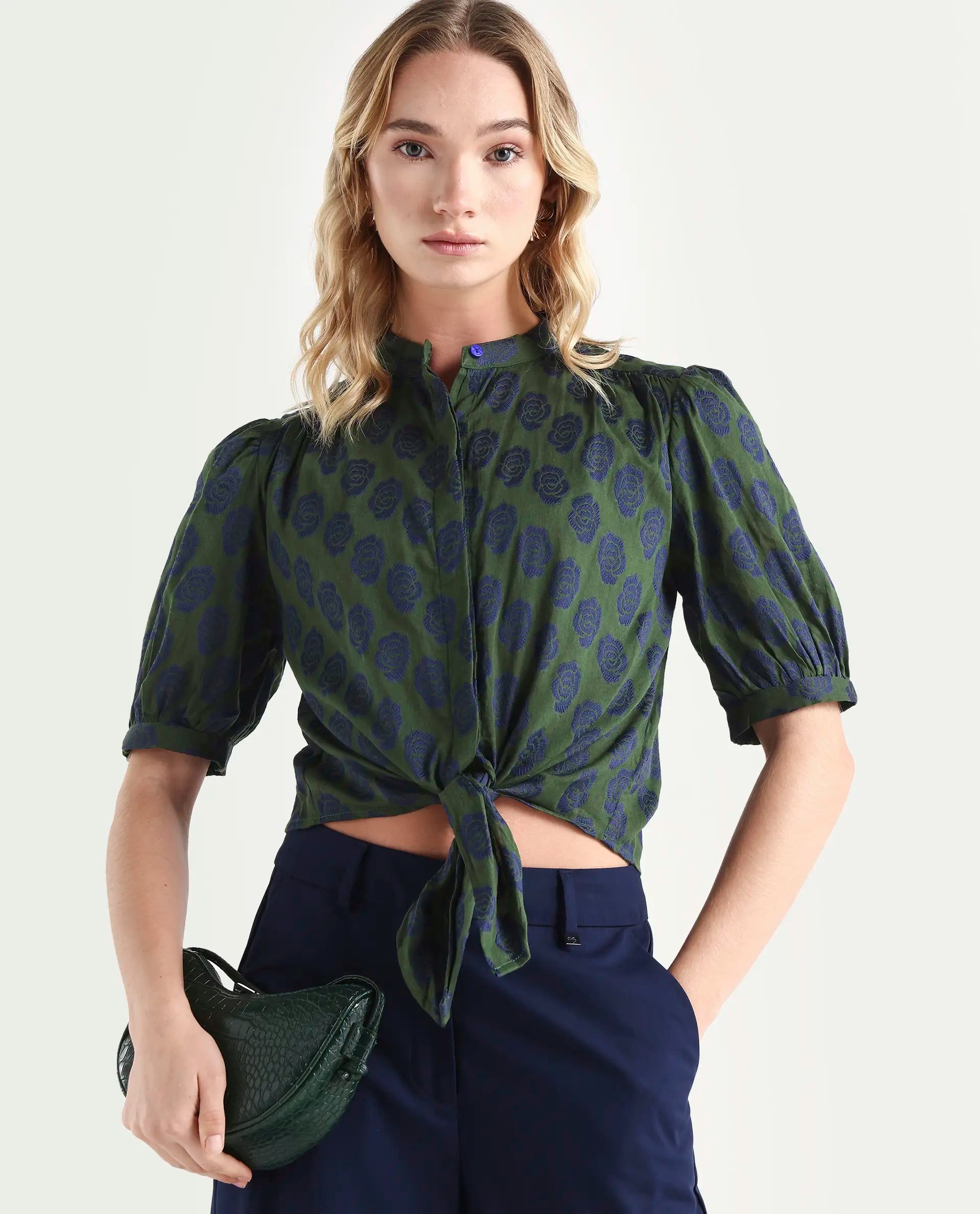 Rareism Women's Andle Dusky Green Polyester High Neck Floral Print Puff Sleeves Regular Fit Top