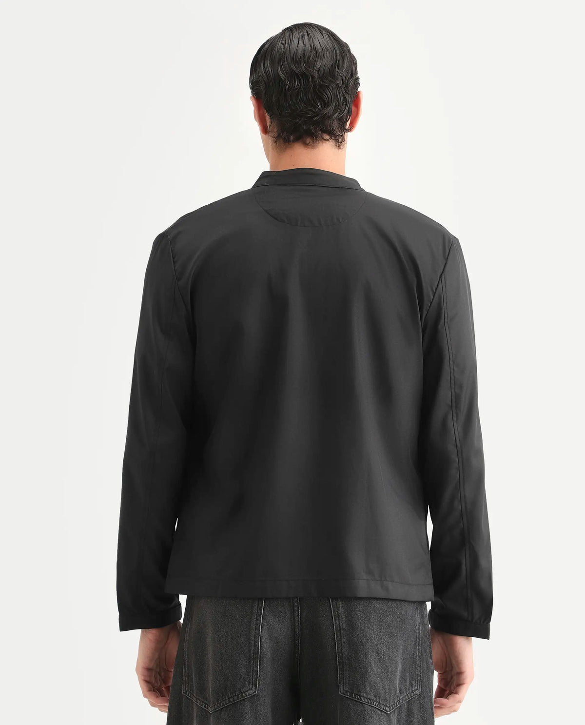 Rare Rabbit Men's Nimbus Black Plain Mandarin Collar Smart Twill Jacket